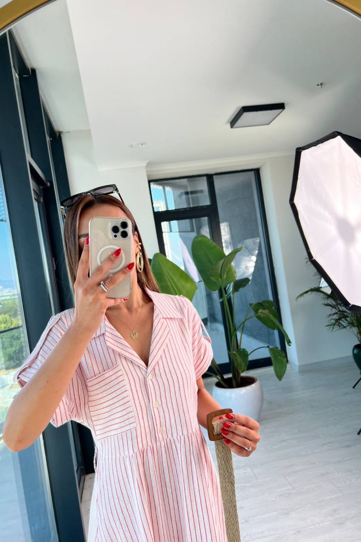 Pembe%20Çizgili%20Lüks%20Kalite%20Keten%20Elbise%20Hasır%20Kemerli