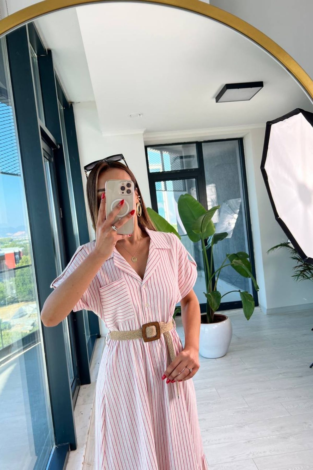Pembe%20Çizgili%20Lüks%20Kalite%20Keten%20Elbise%20Hasır%20Kemerli