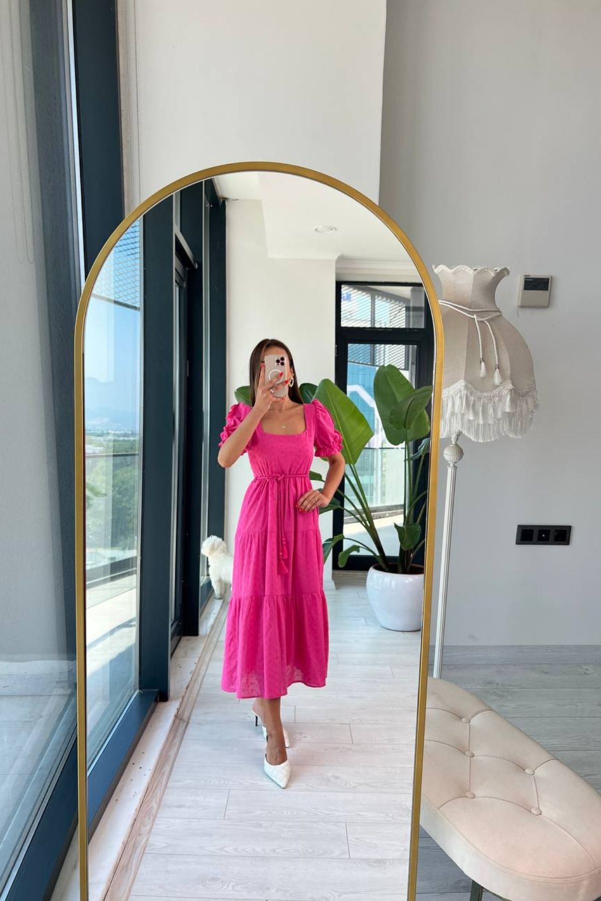 Pembe%20Kare%20Yaka%20Astarlı%20Fisto%20Elbise
