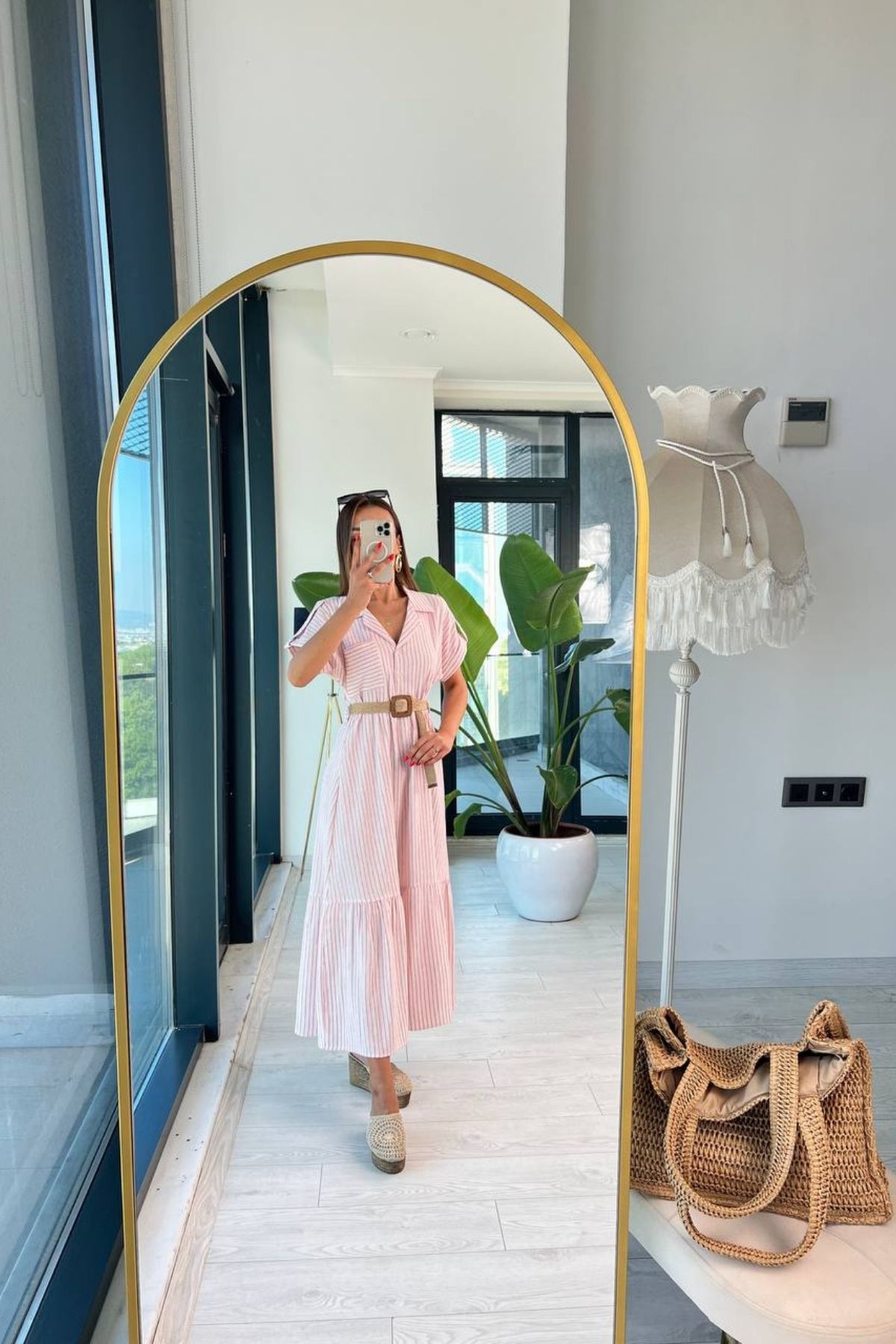 Pembe%20Çizgili%20Lüks%20Kalite%20Keten%20Elbise%20Hasır%20Kemerli