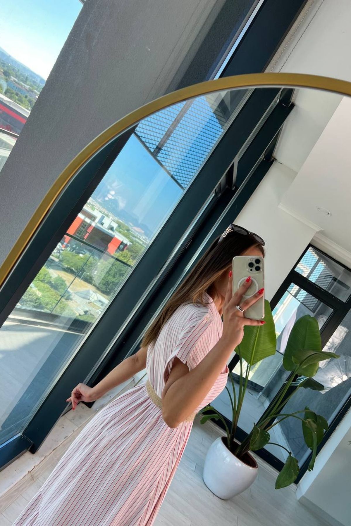 Pembe%20Çizgili%20Lüks%20Kalite%20Keten%20Elbise%20Hasır%20Kemerli