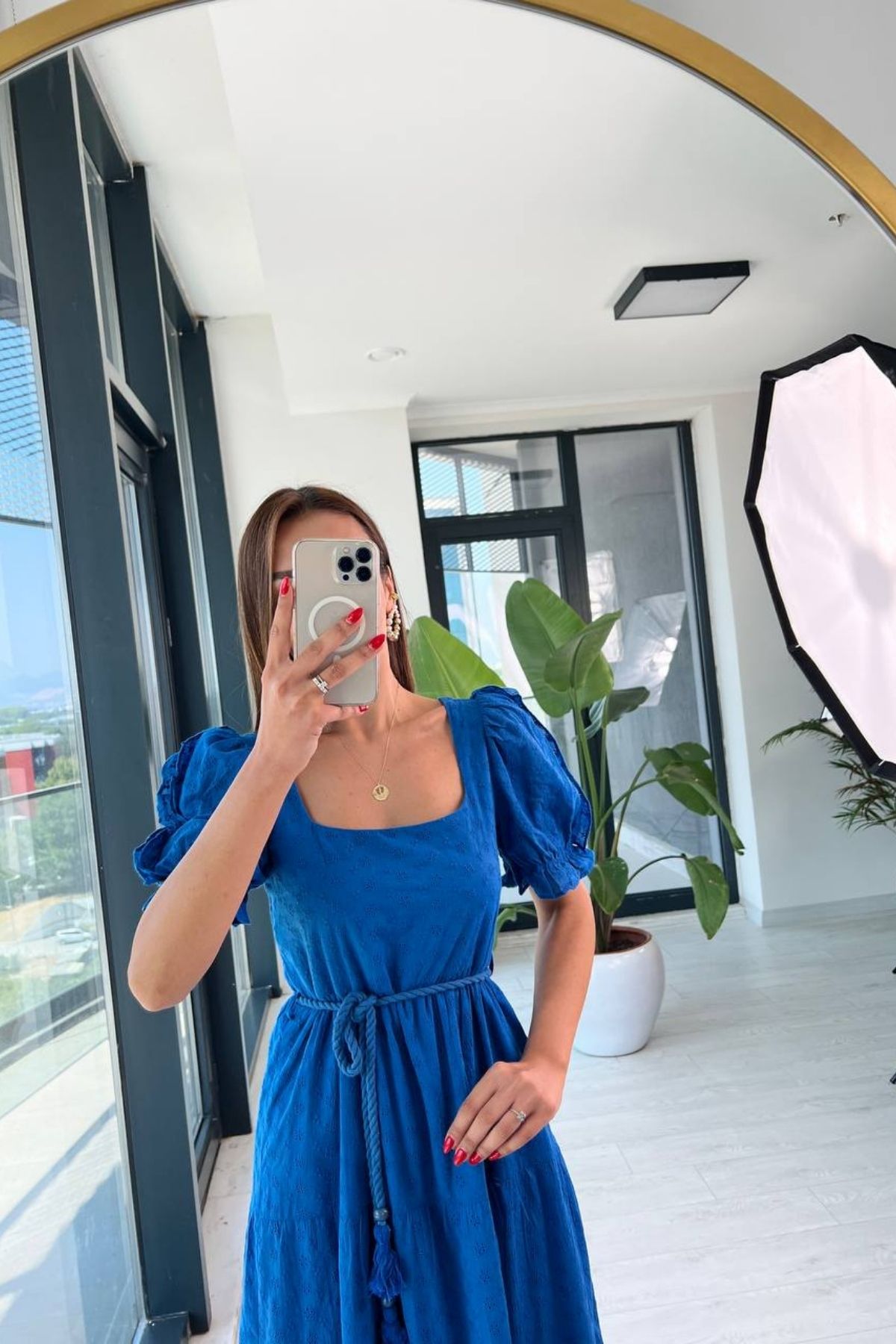 Saks%20Kare%20Yaka%20Astarlı%20Fisto%20Elbise