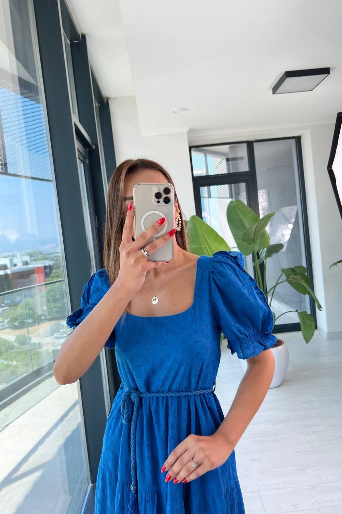 Saks%20Kare%20Yaka%20Astarlı%20Fisto%20Elbise