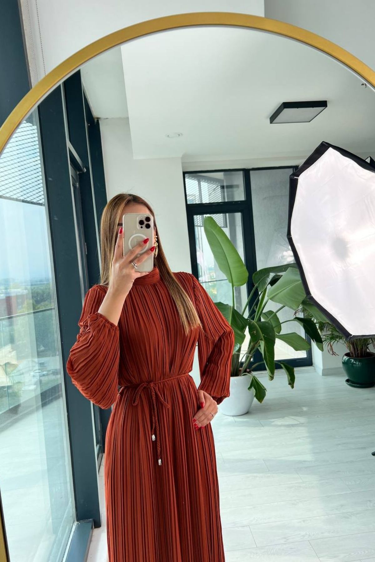 Kiremit%20Uzun%20Piliseli%20Astarlı%20şifon%20Elbise