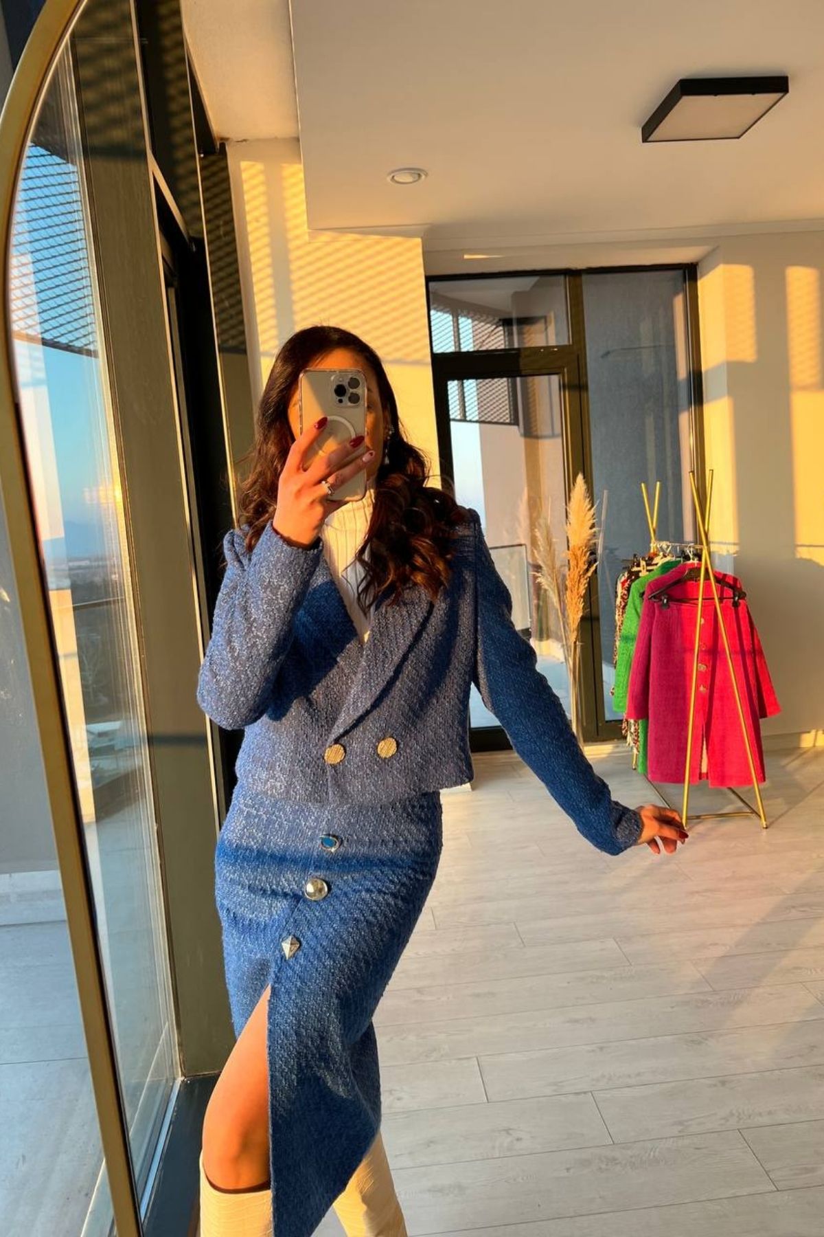 Saks Mavi Tuvid Uzun Etek Crop Ceket Takım 