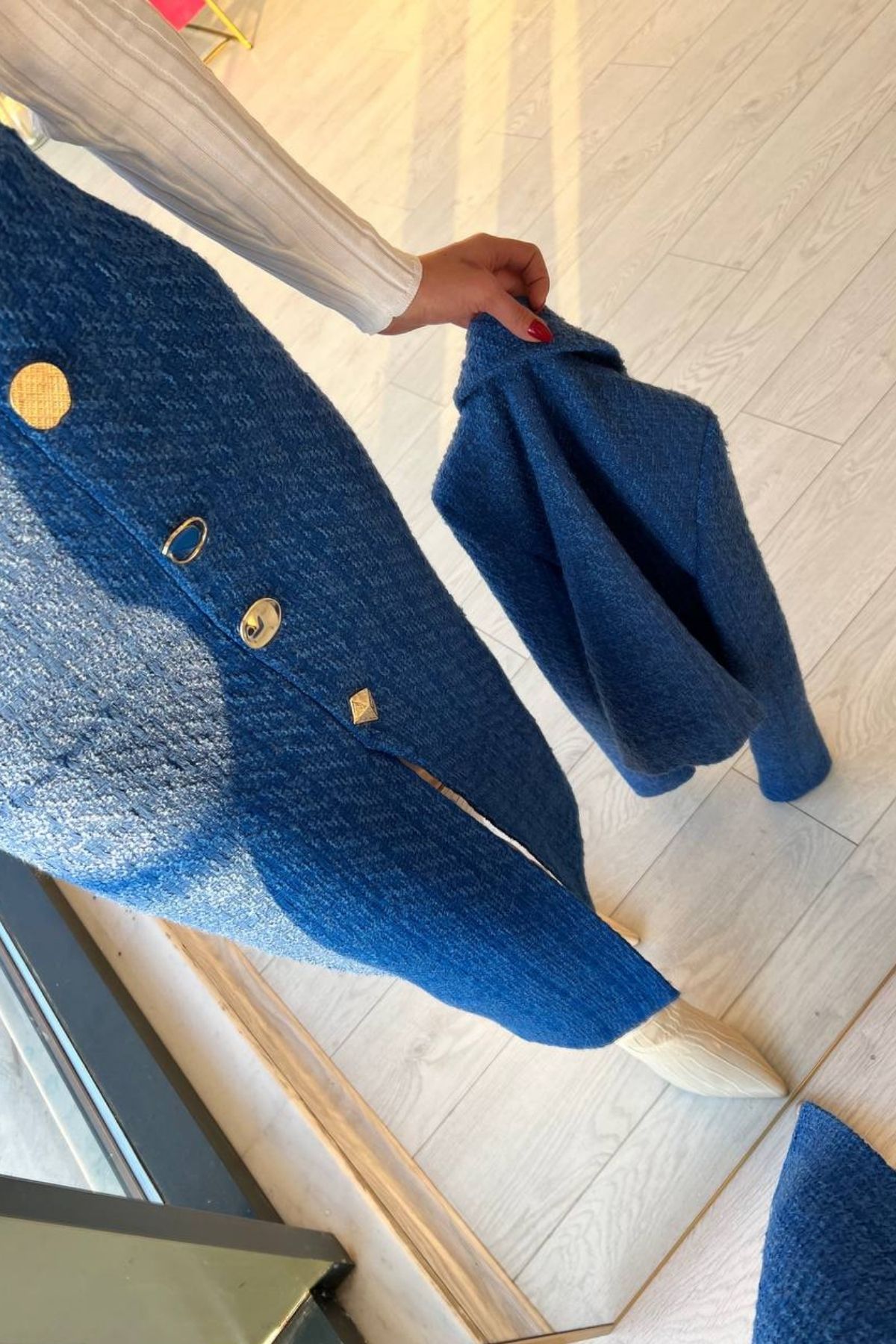 Saks Mavi Tuvid Uzun Etek Crop Ceket Takım 