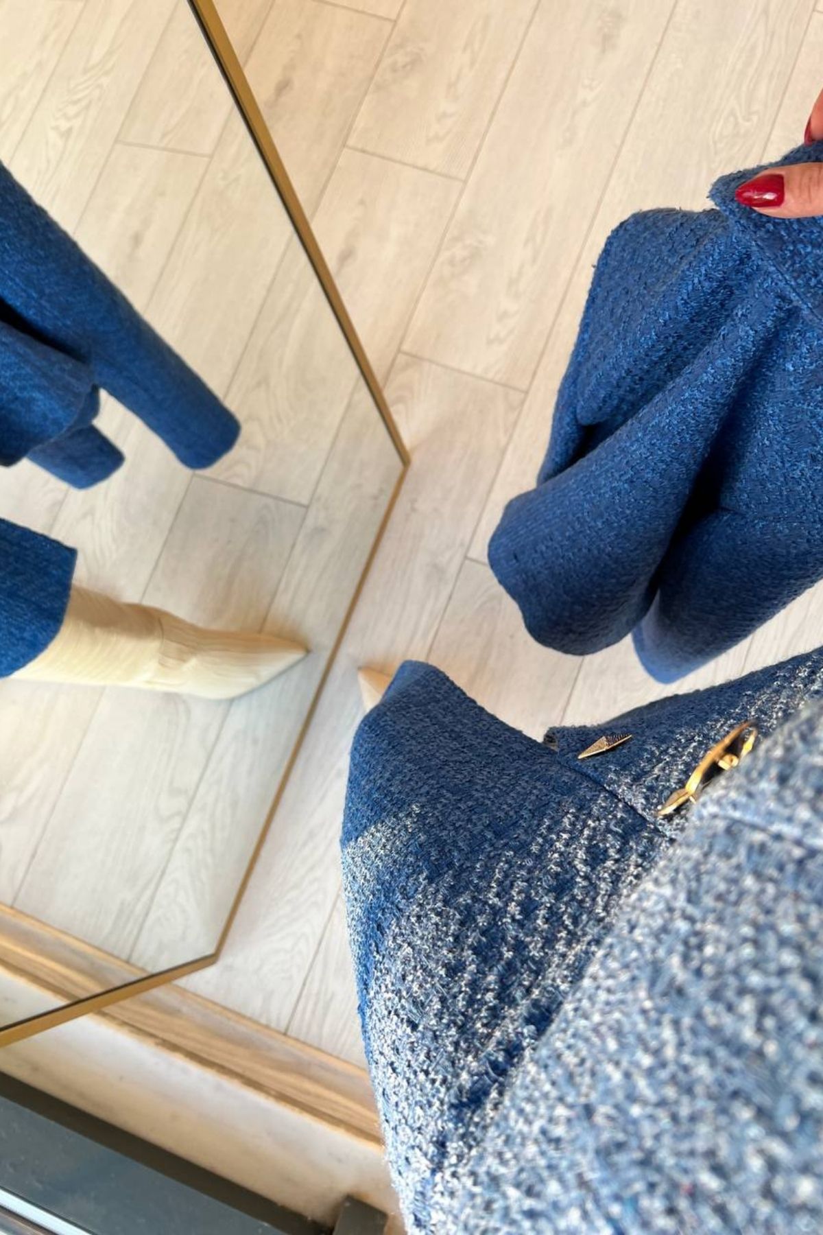 Saks Mavi Tuvid Uzun Etek Crop Ceket Takım 