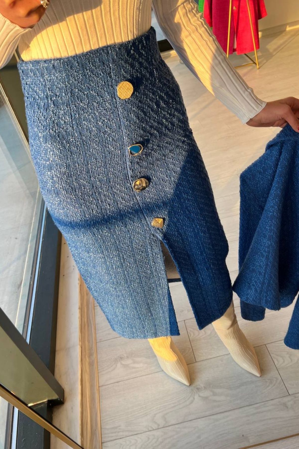 Saks Mavi Tuvid Uzun Etek Crop Ceket Takım 