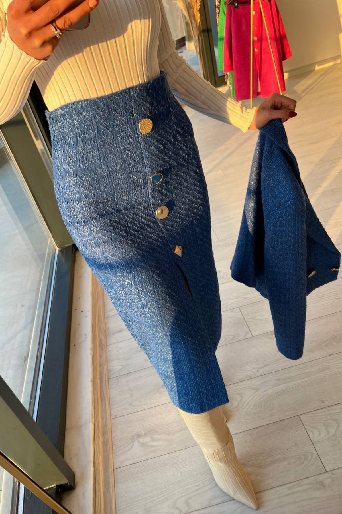 Saks Mavi Tuvid Uzun Etek Crop Ceket Takım 