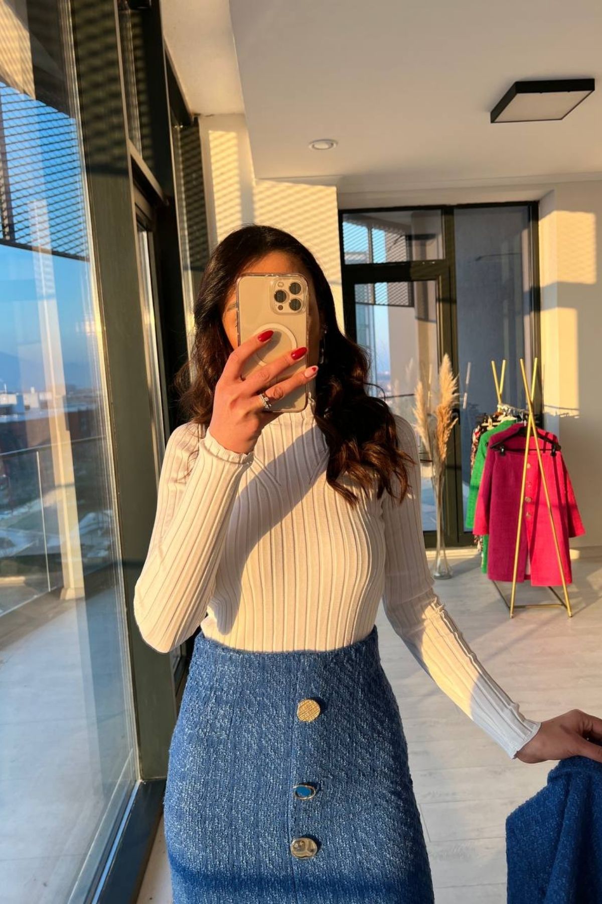Saks Mavi Tuvid Uzun Etek Crop Ceket Takım 