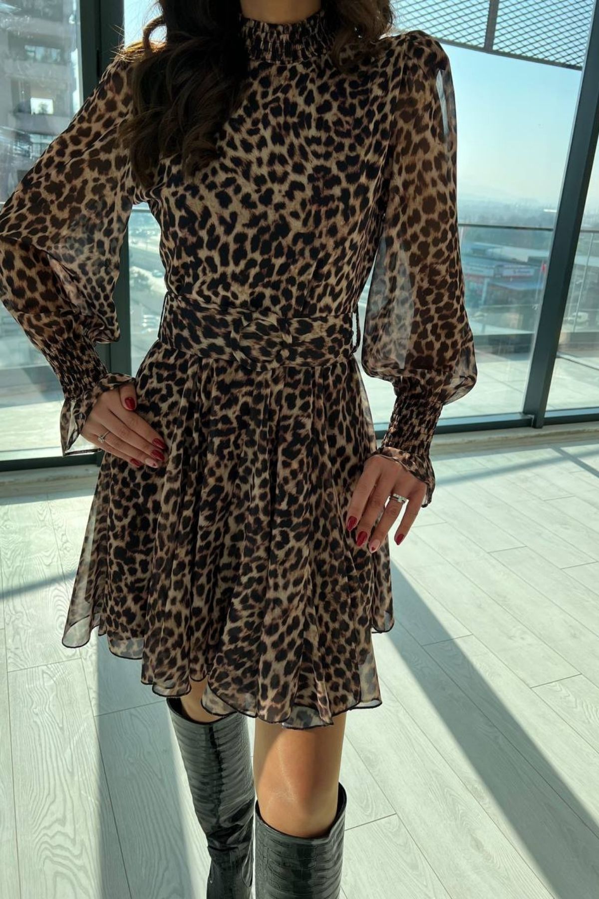 Leopar Desen Astarlı Şifon Elbise