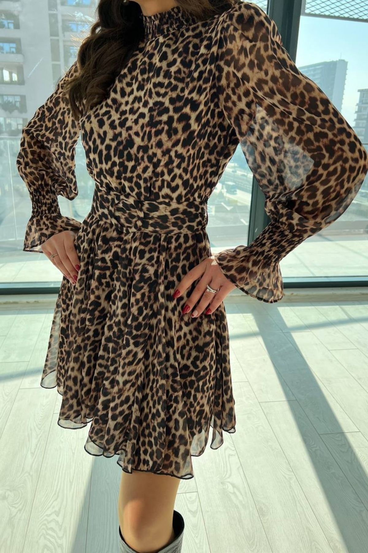 Leopar Desen Astarlı Şifon Elbise