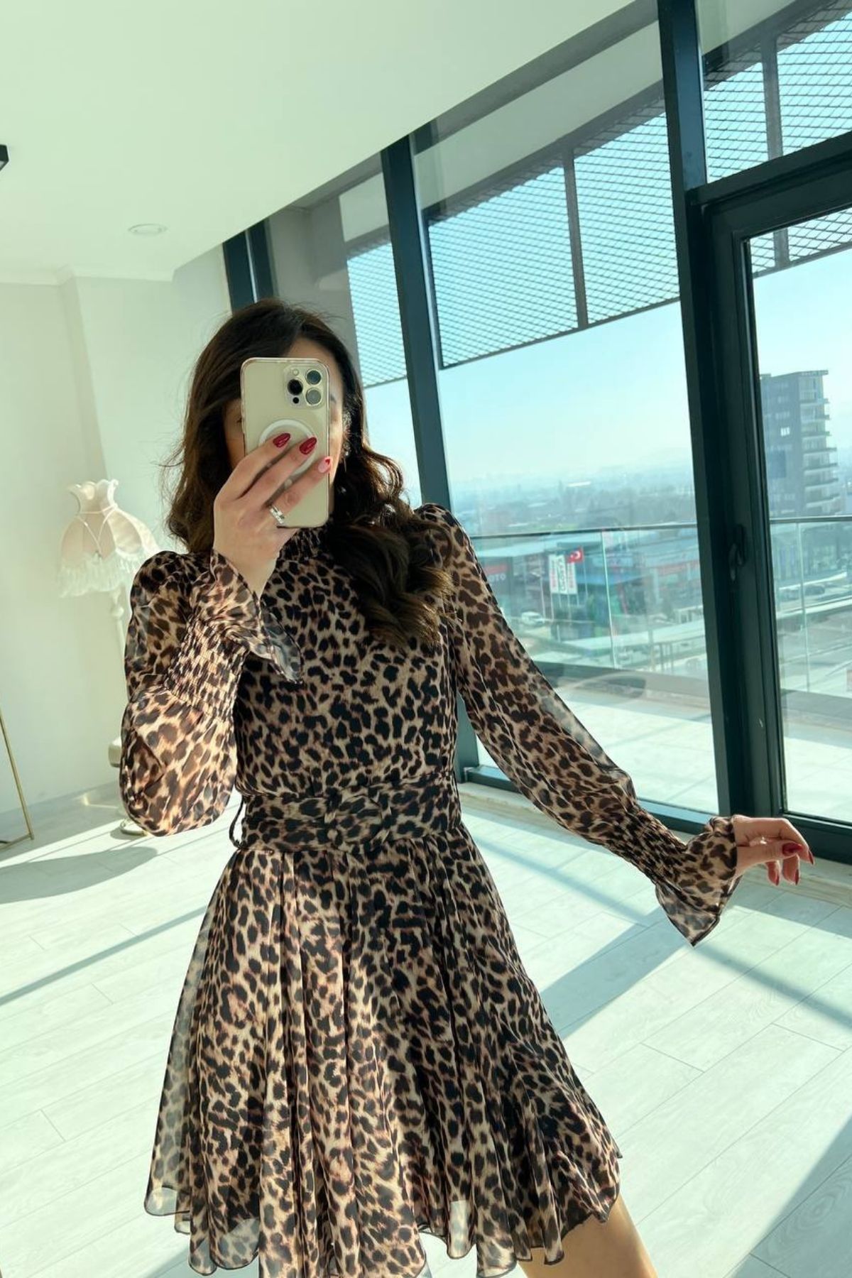 Leopar Desen Astarlı Şifon Elbise