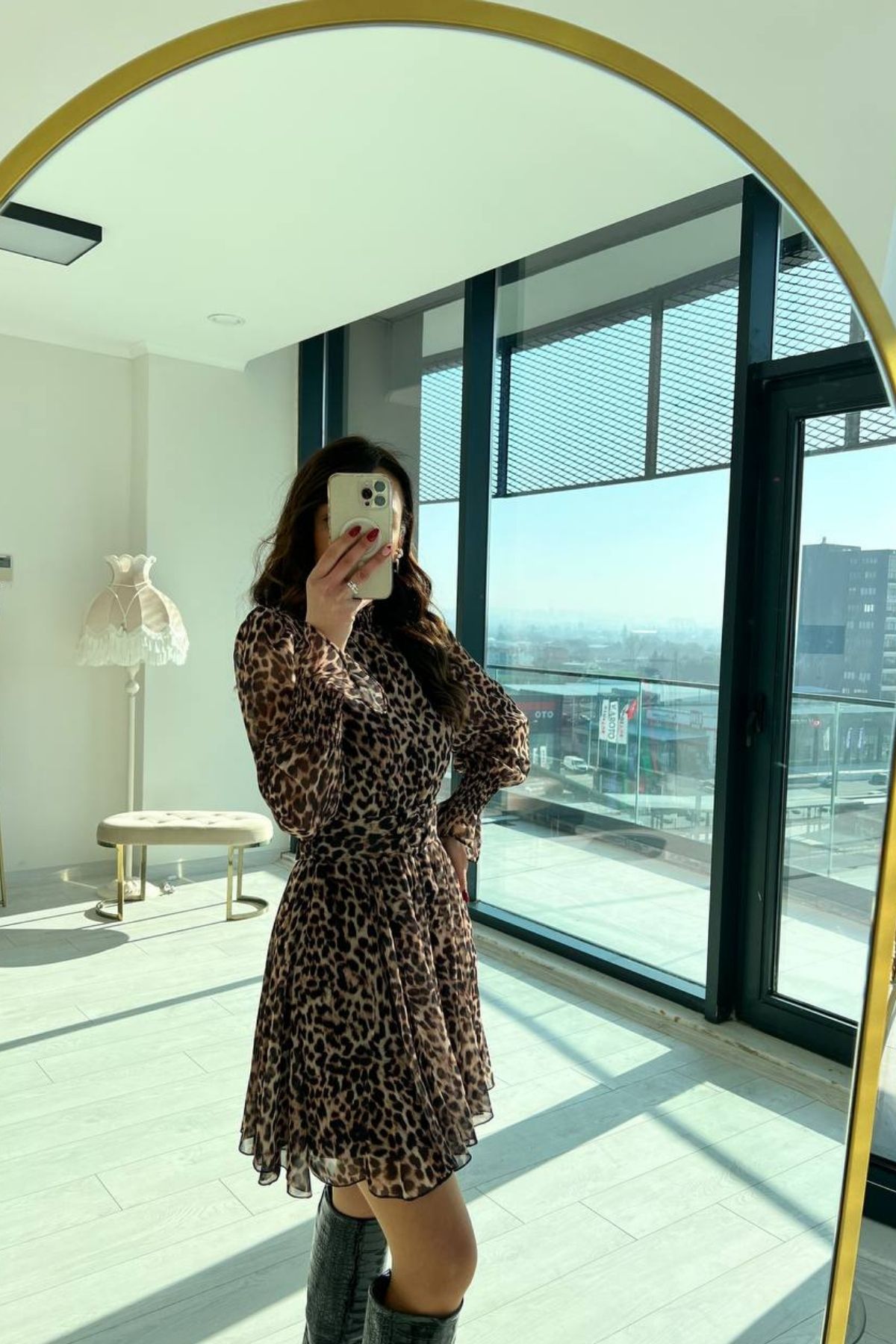 Leopar Desen Astarlı Şifon Elbise