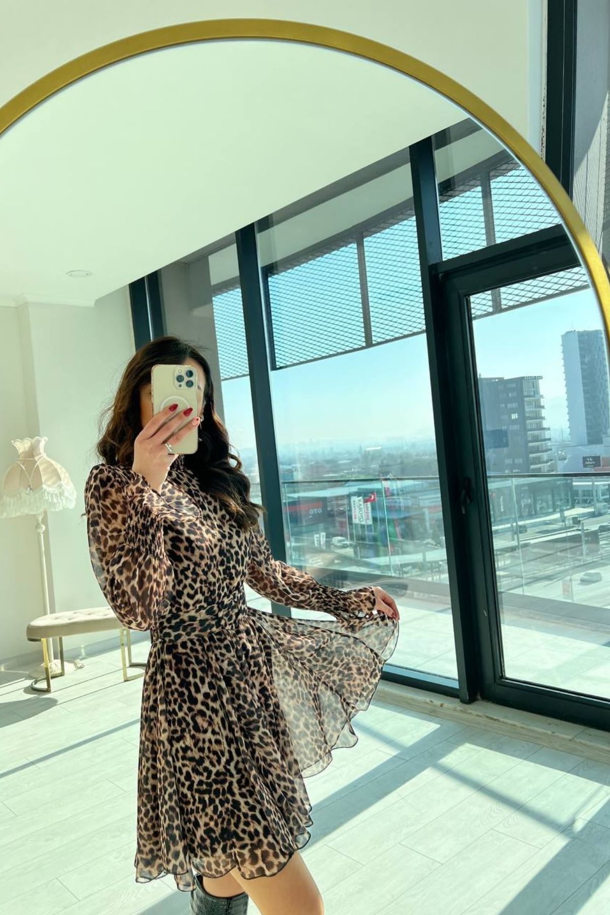 Leopar Desen Astarlı Şifon Elbise