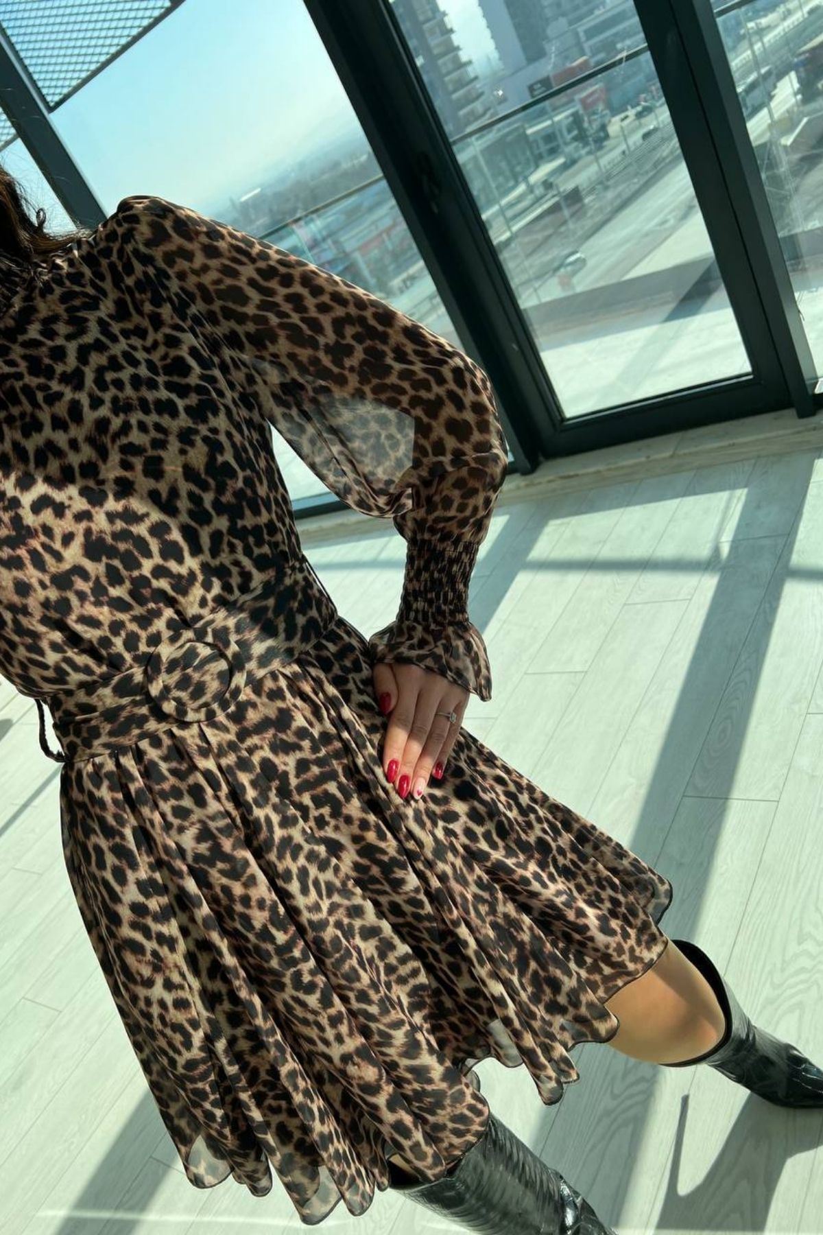 Leopar Desen Astarlı Şifon Elbise