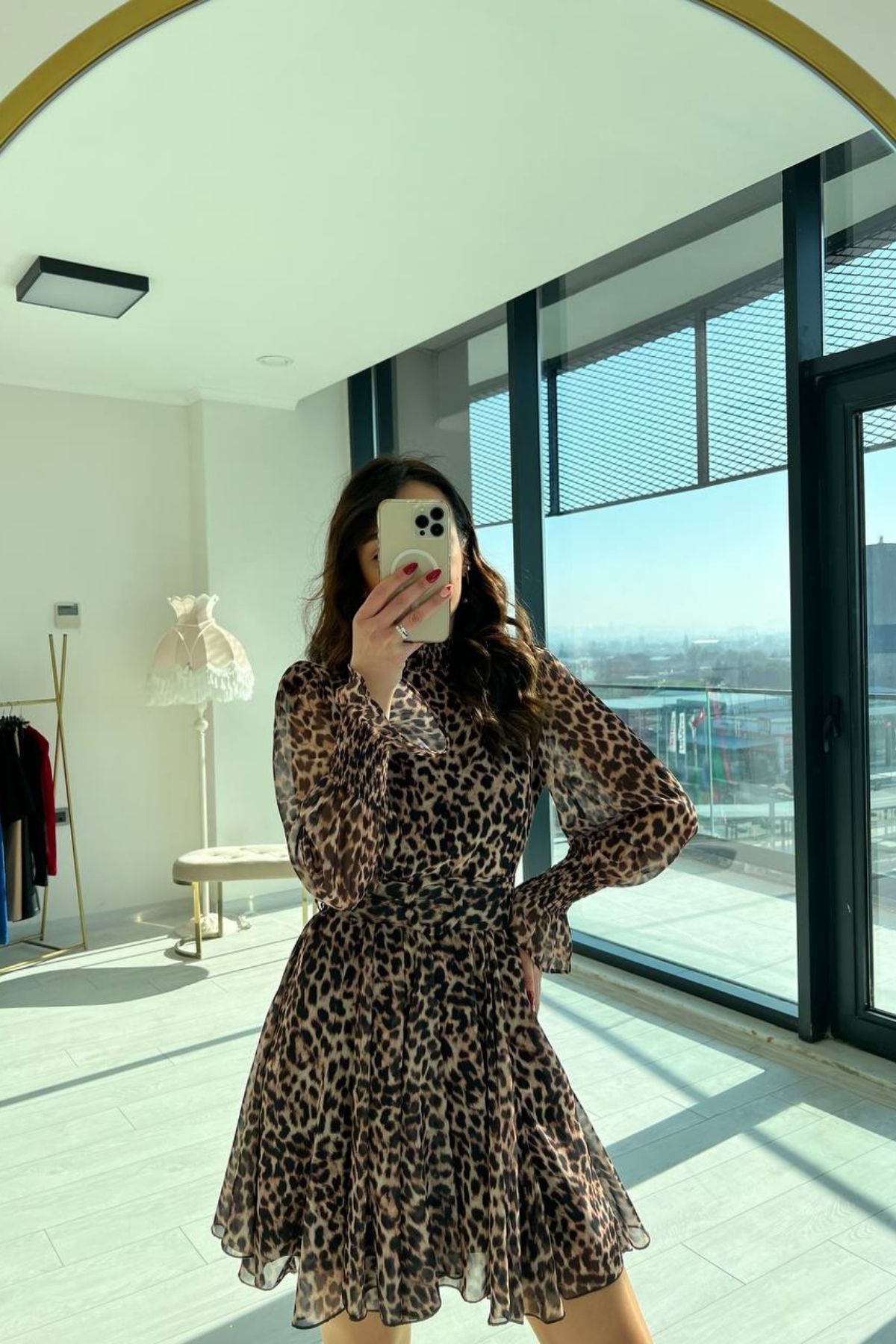 Leopar Desen Astarlı Şifon Elbise