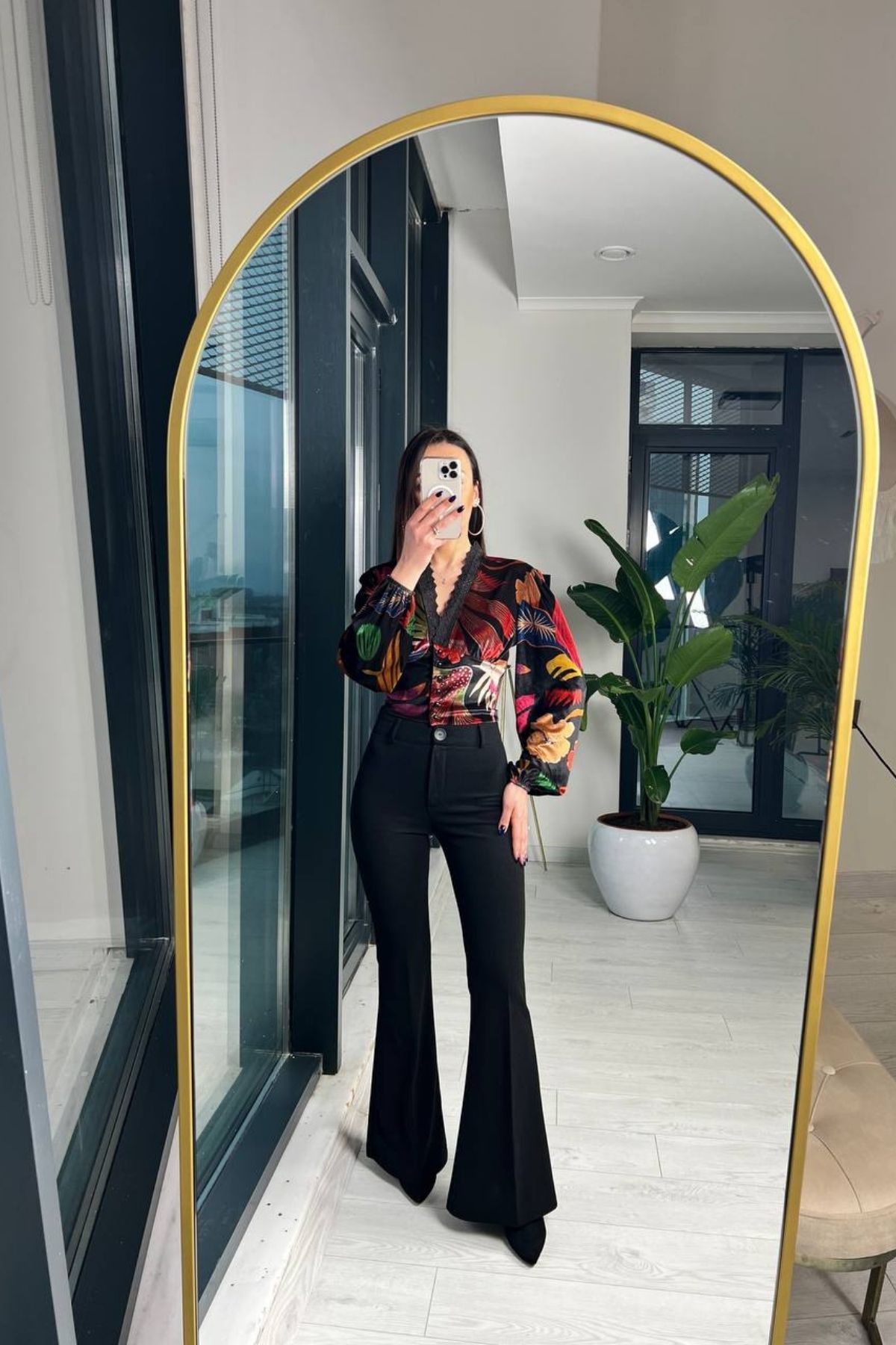 Kadife Desenli Crop Bluz