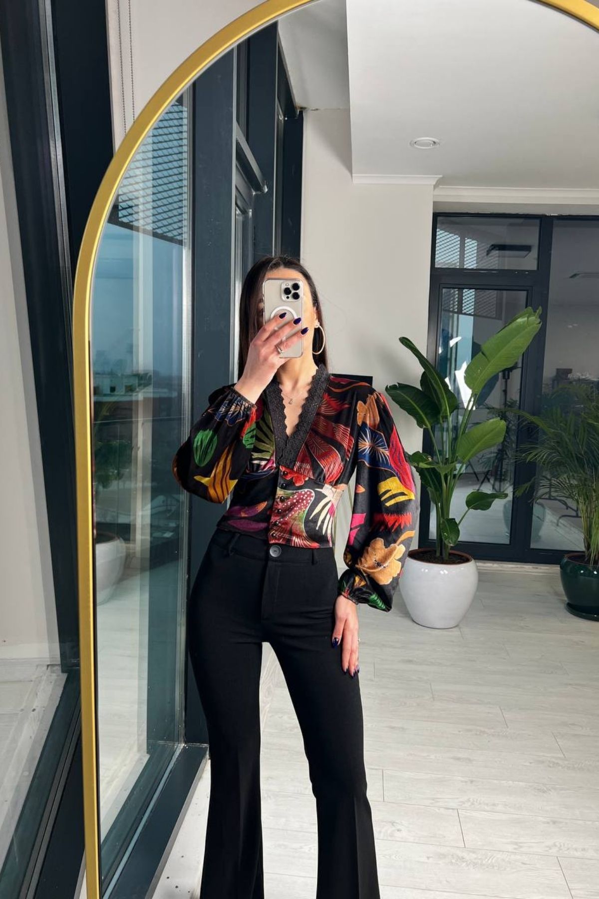 Kadife Desenli Crop Bluz
