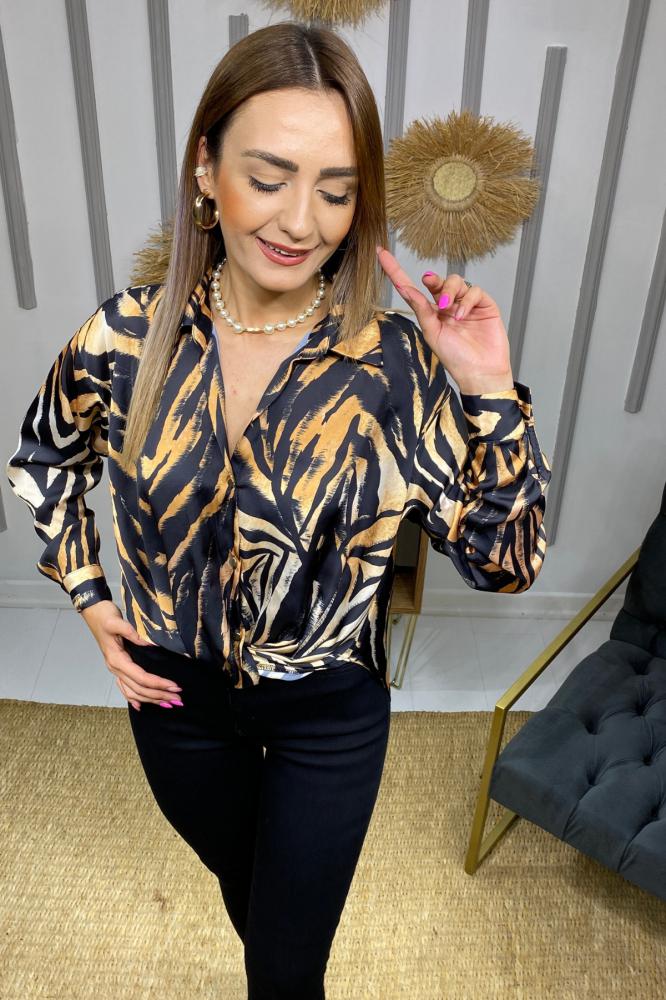 Taba%20Zebra%20İpek%20Saten%20Bluz