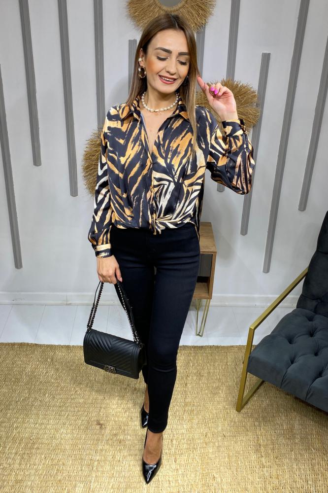 Taba%20Zebra%20İpek%20Saten%20Bluz