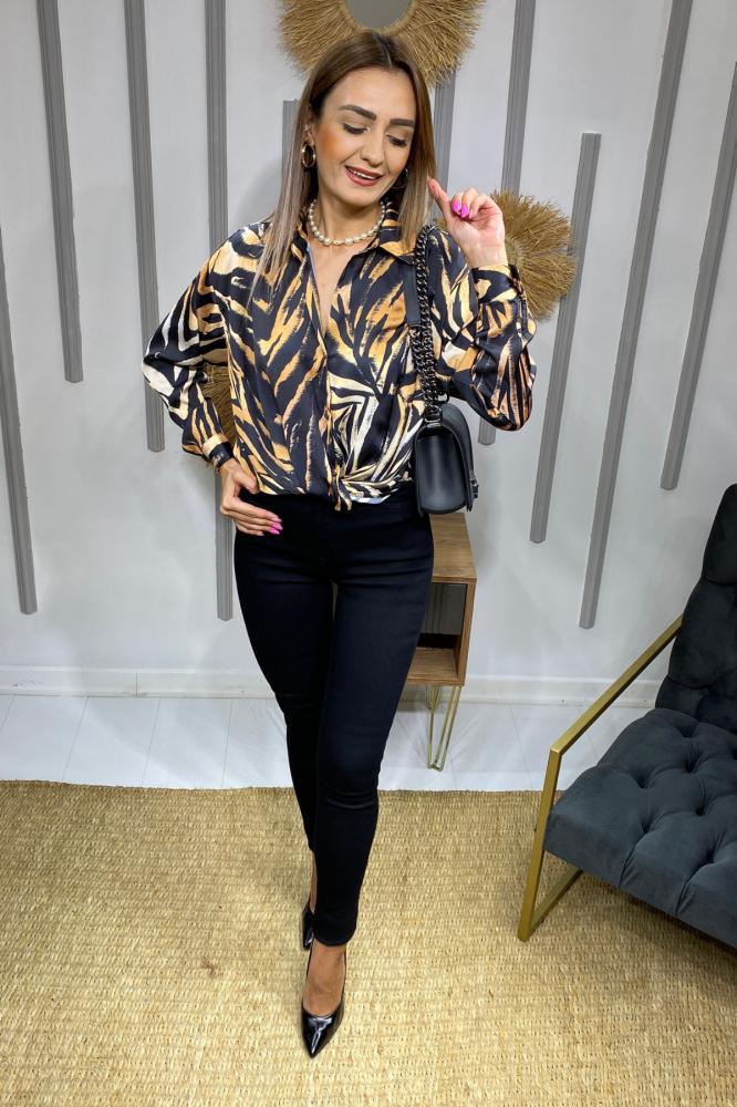 Taba%20Zebra%20İpek%20Saten%20Bluz
