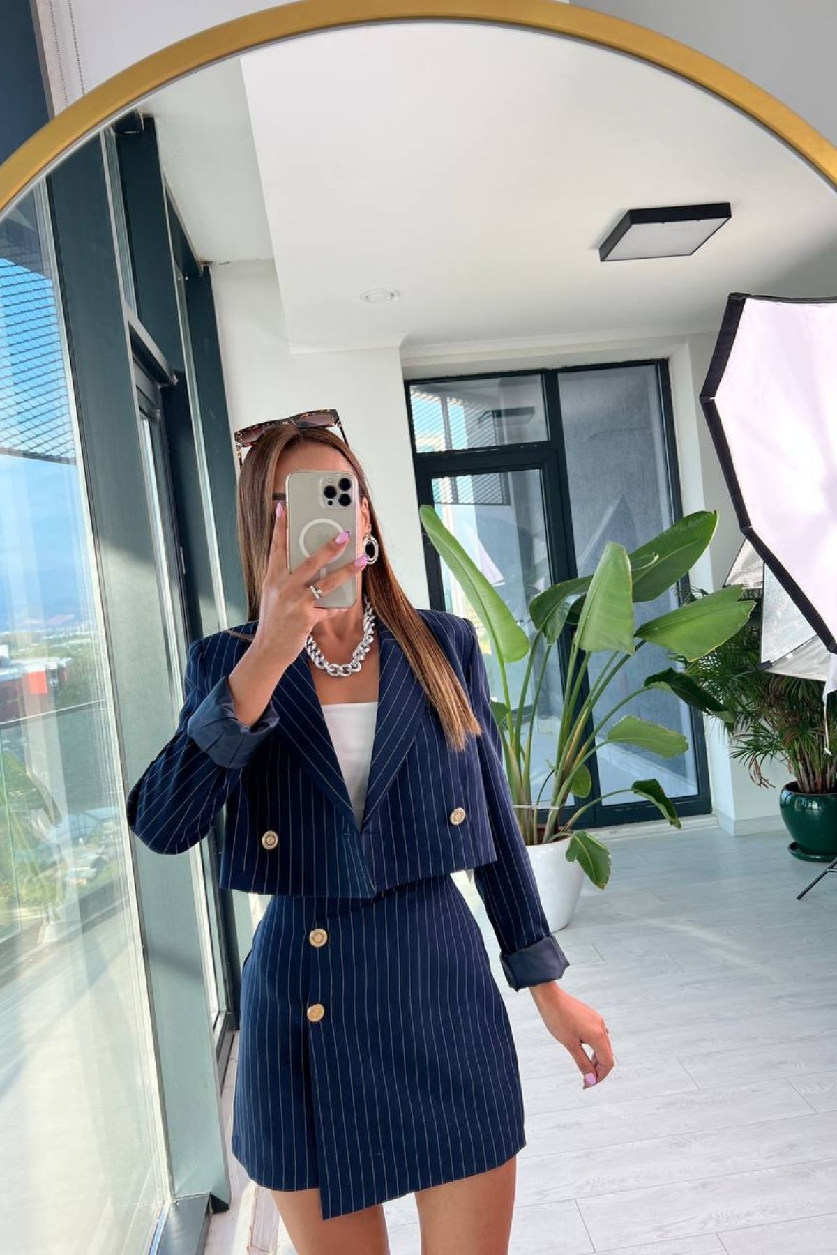 Lacivert%20Çizgili%20Premium%20Seri%20şort%20Etek%20Ceket%20Takım