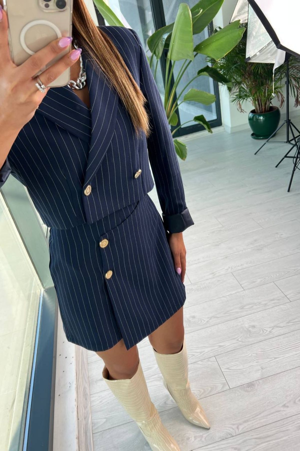 Lacivert%20Çizgili%20Premium%20Seri%20şort%20Etek%20Ceket%20Takım