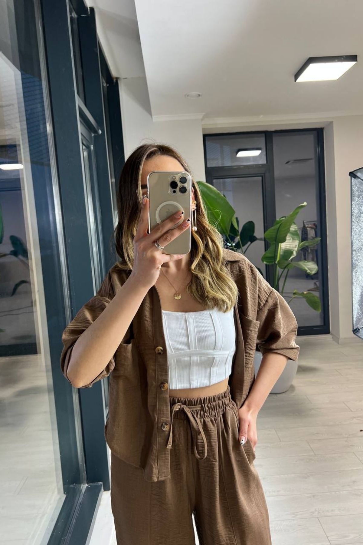 Kahverengi%20Pamuk%20Keten%20Şalvar%20Pantolon%20Gömlek%20Takım