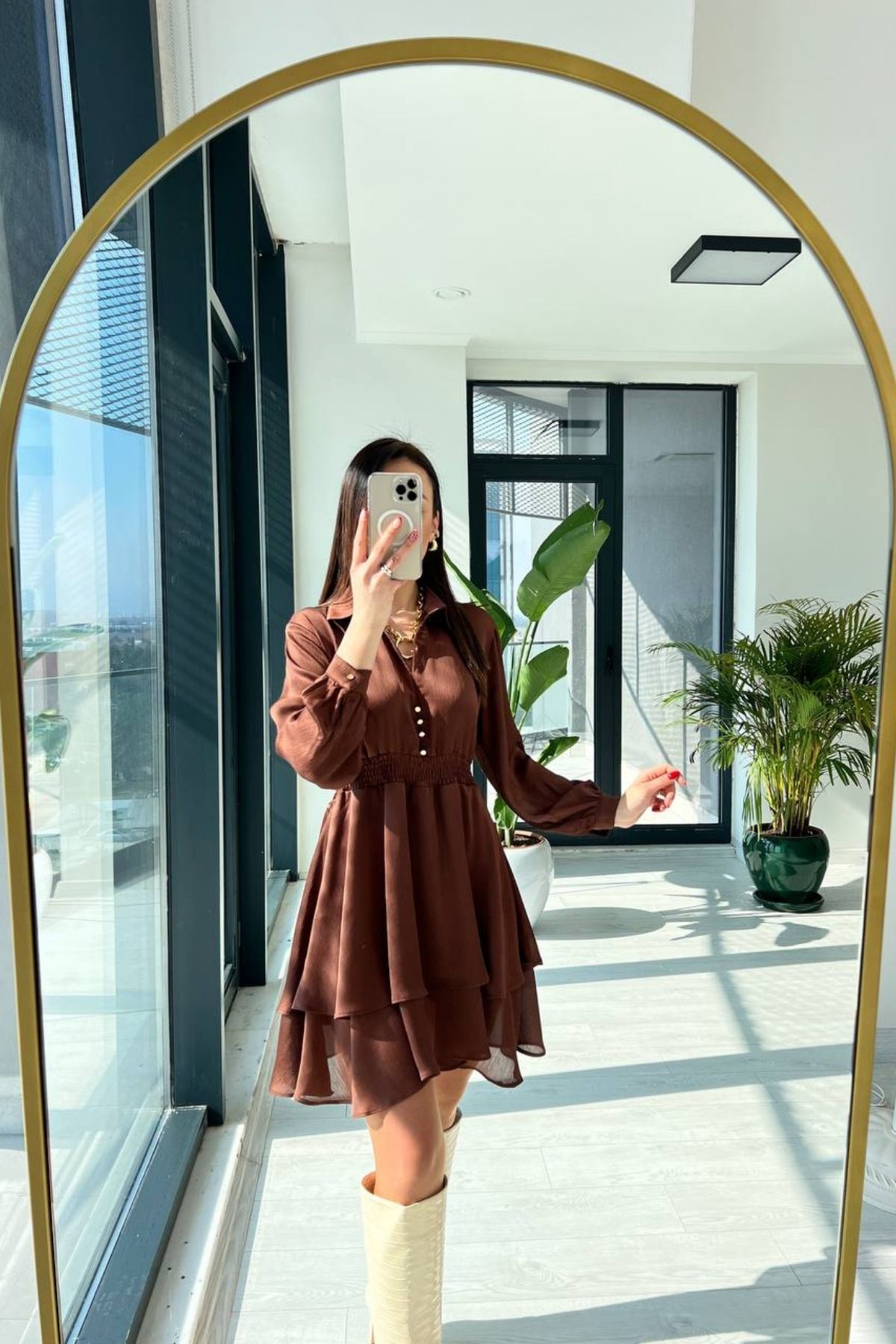 Zara Model Kahverengi Beli Gipeli Saten Elbise