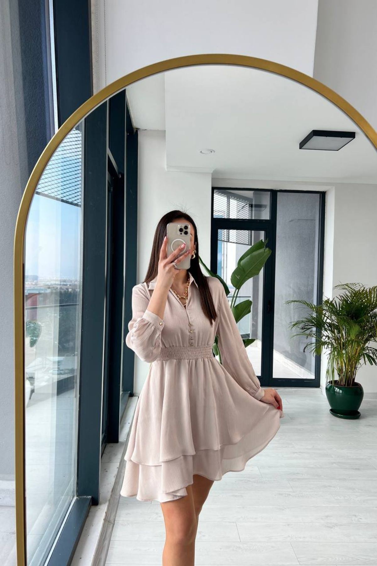 Zara Model Taş Rengi Beli Gipeli Saten Elbise