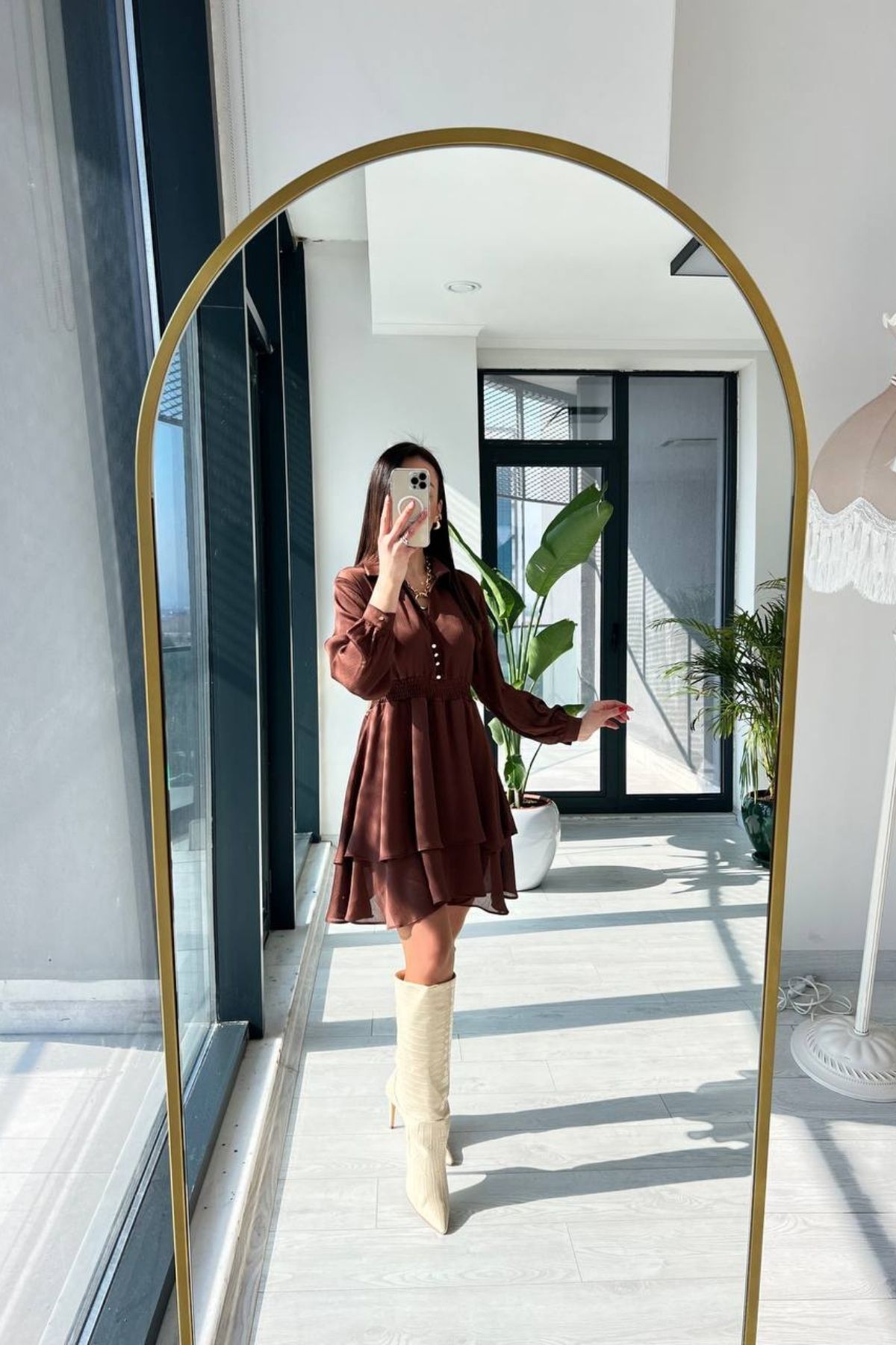 Zara Model Kahverengi Beli Gipeli Saten Elbise