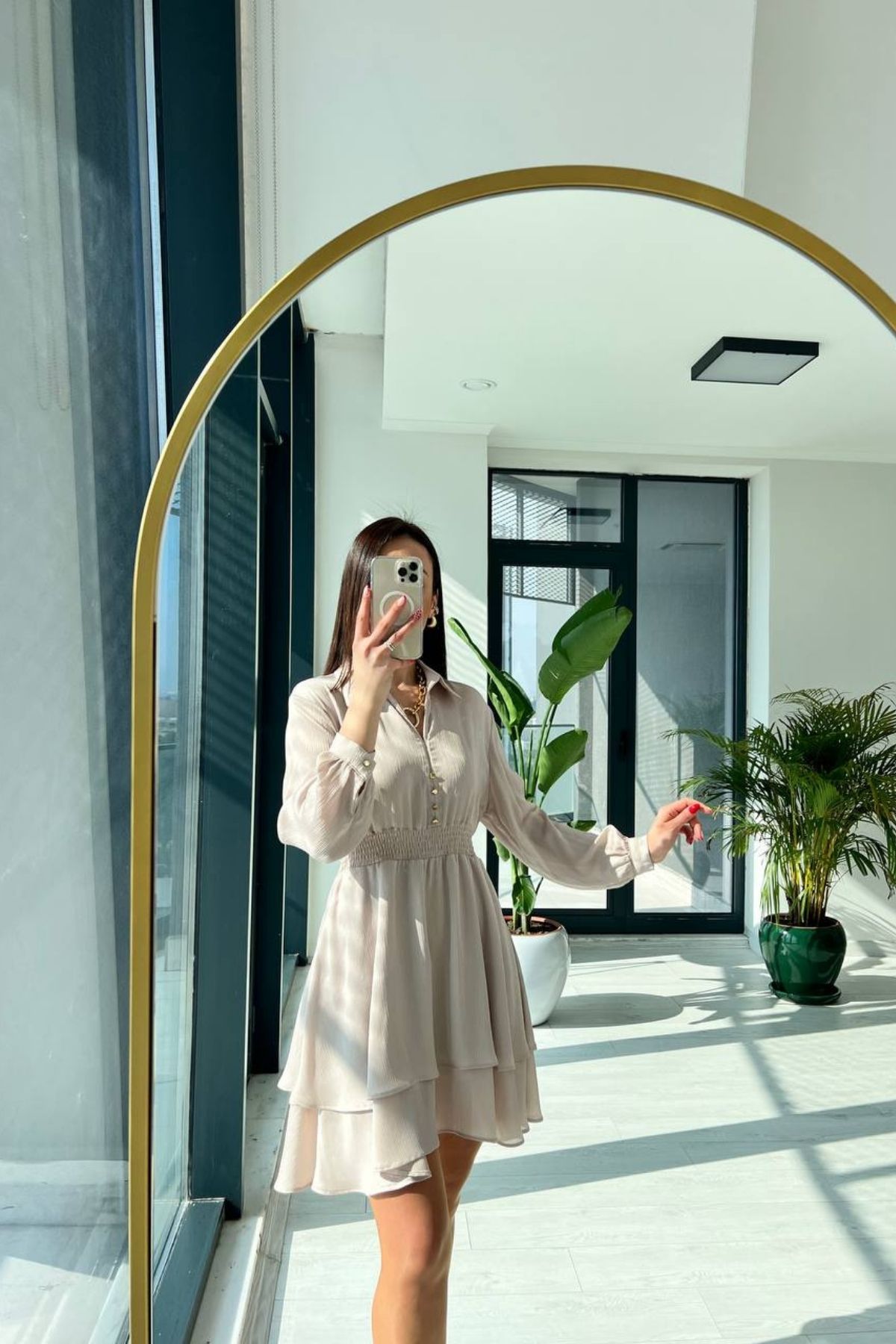 Zara Model Taş Rengi Beli Gipeli Saten Elbise