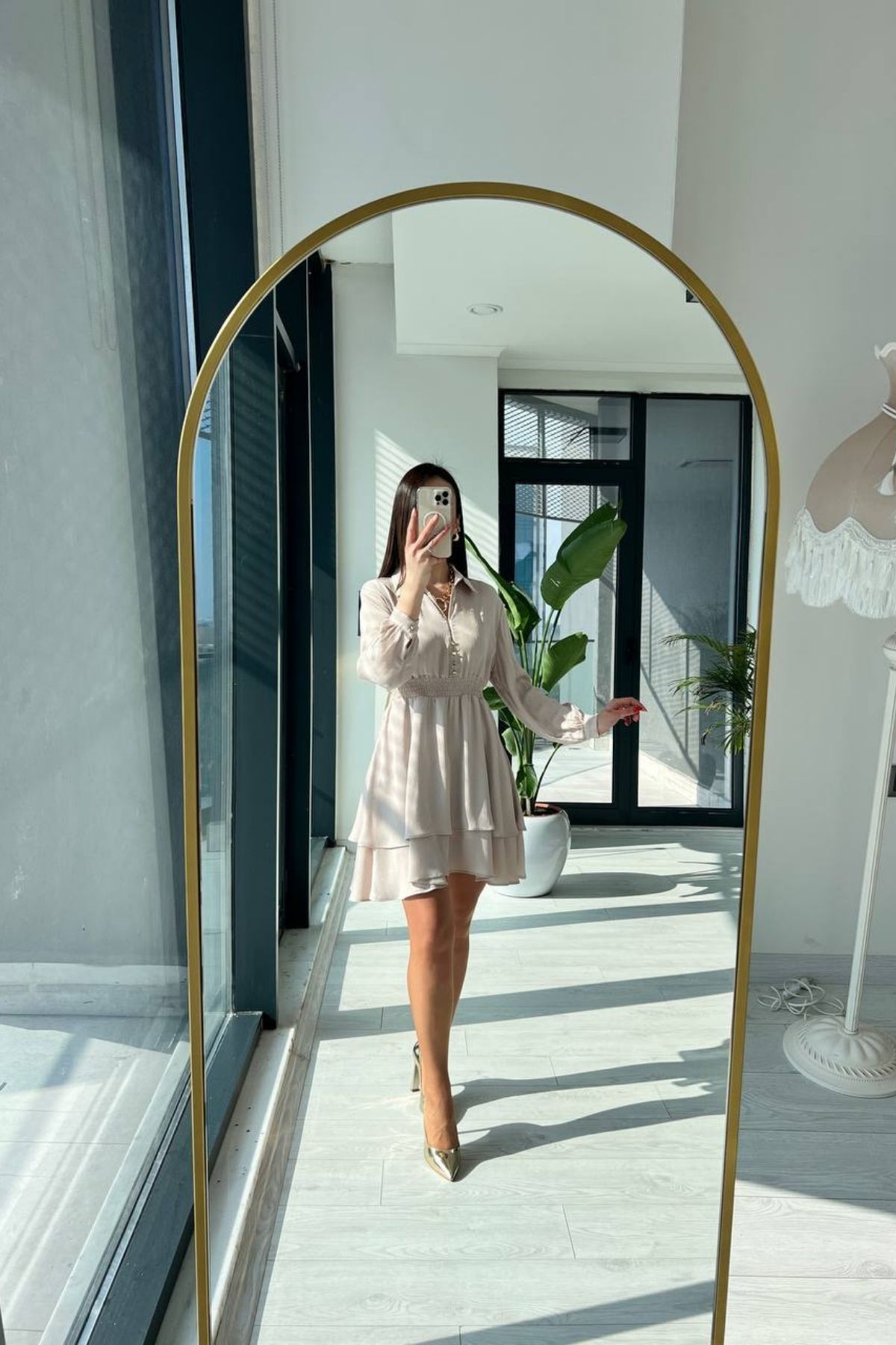 Zara Model Taş Rengi Beli Gipeli Saten Elbise