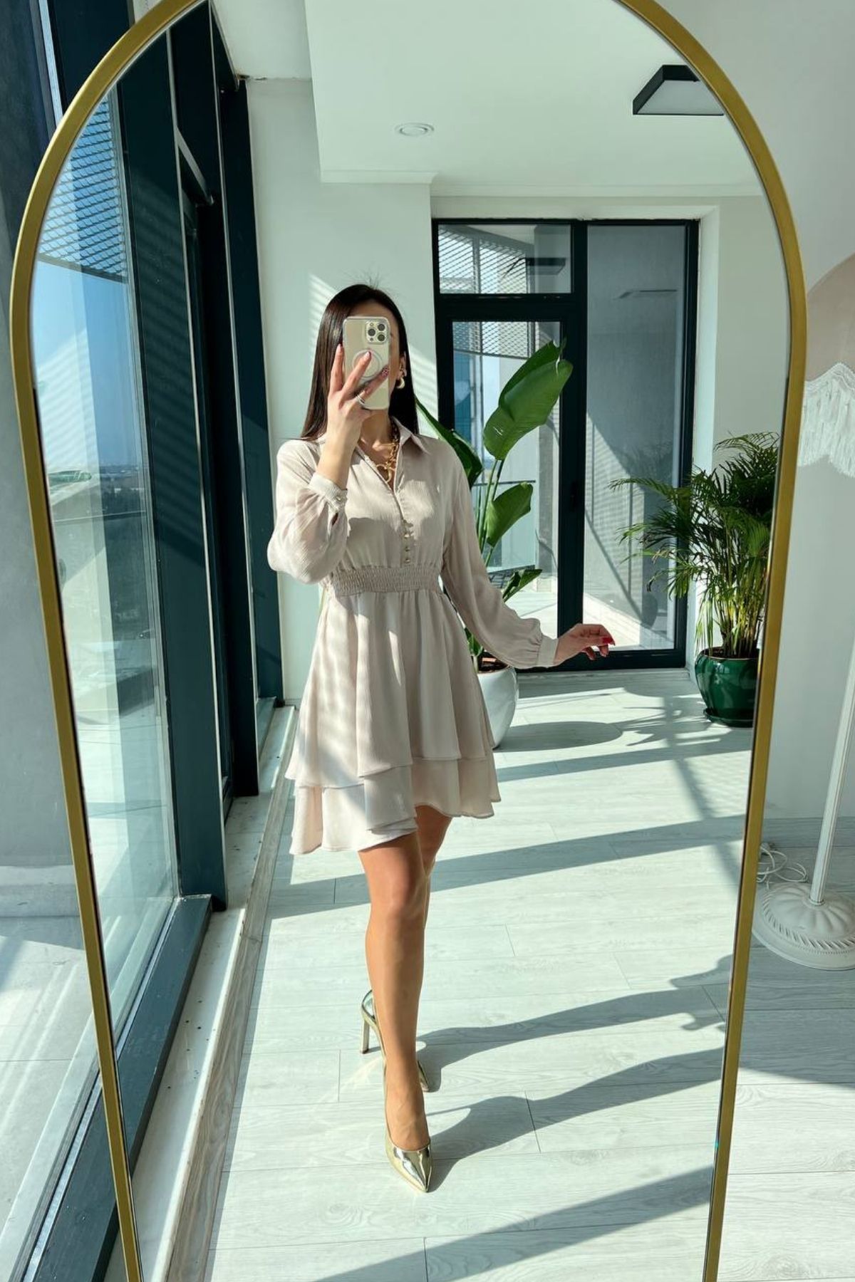 Zara Model Taş Rengi Beli Gipeli Saten Elbise