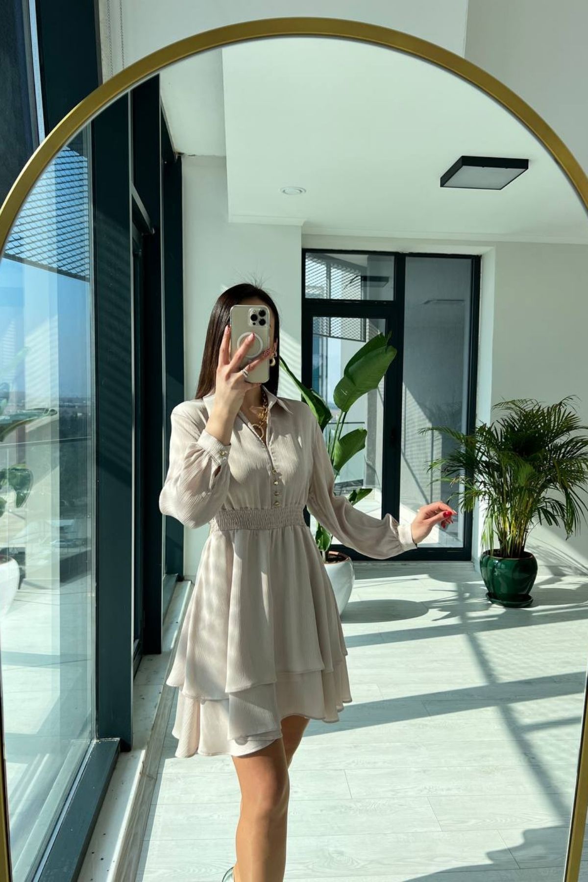 Zara Model Taş Rengi Beli Gipeli Saten Elbise