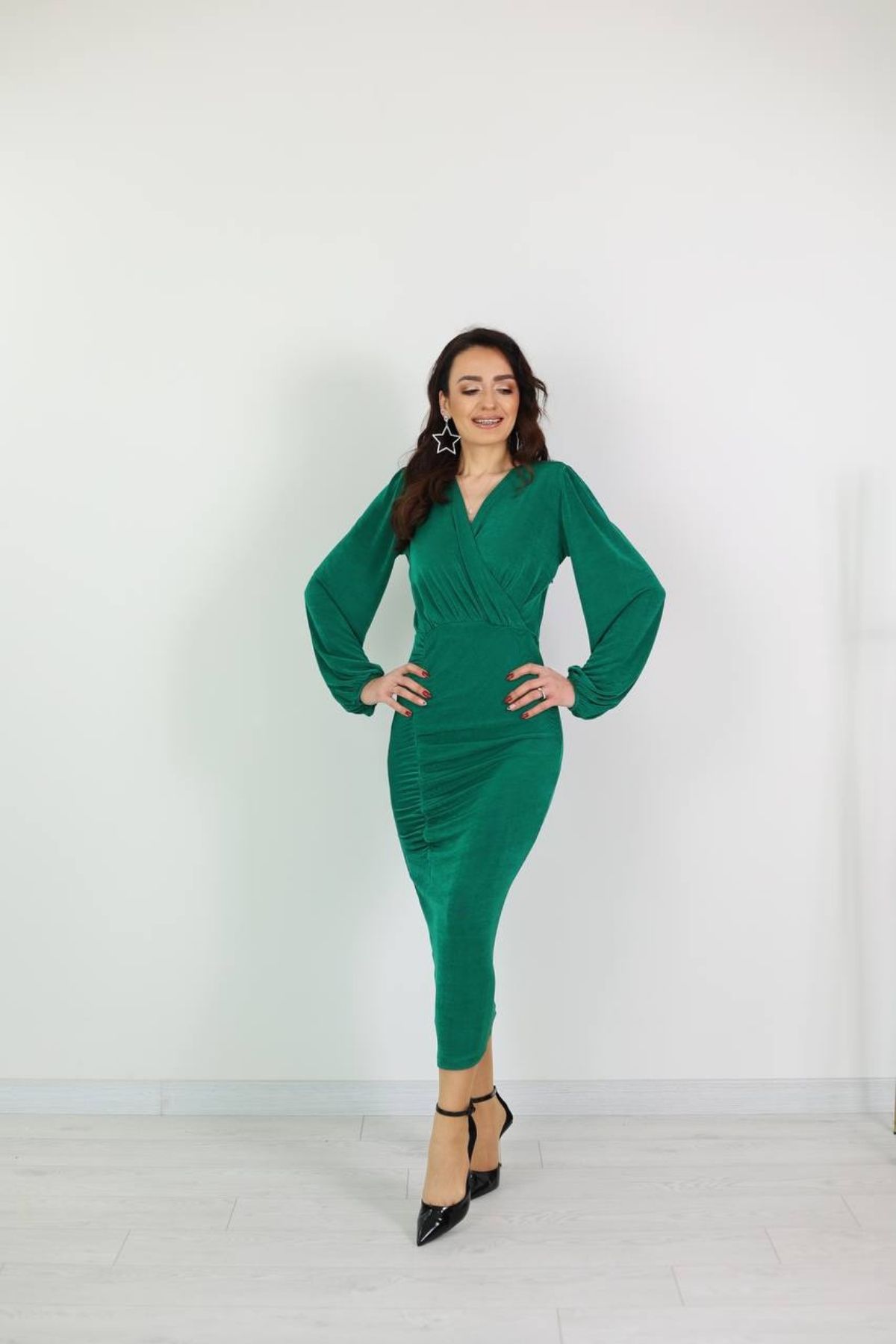 Zümrüt Yeşili Buzy Kumaş Elbise