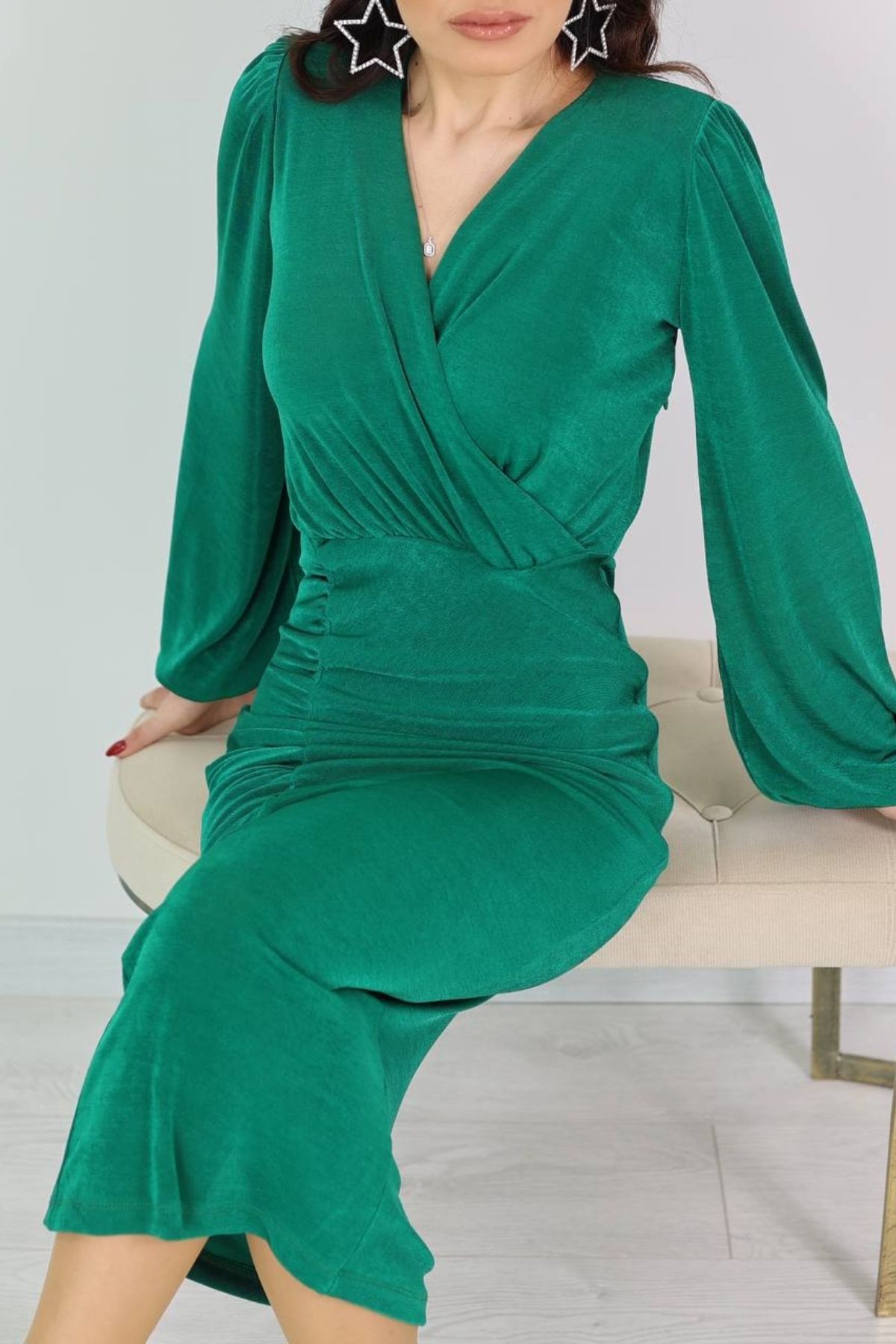 Zümrüt Yeşili Buzy Kumaş Elbise