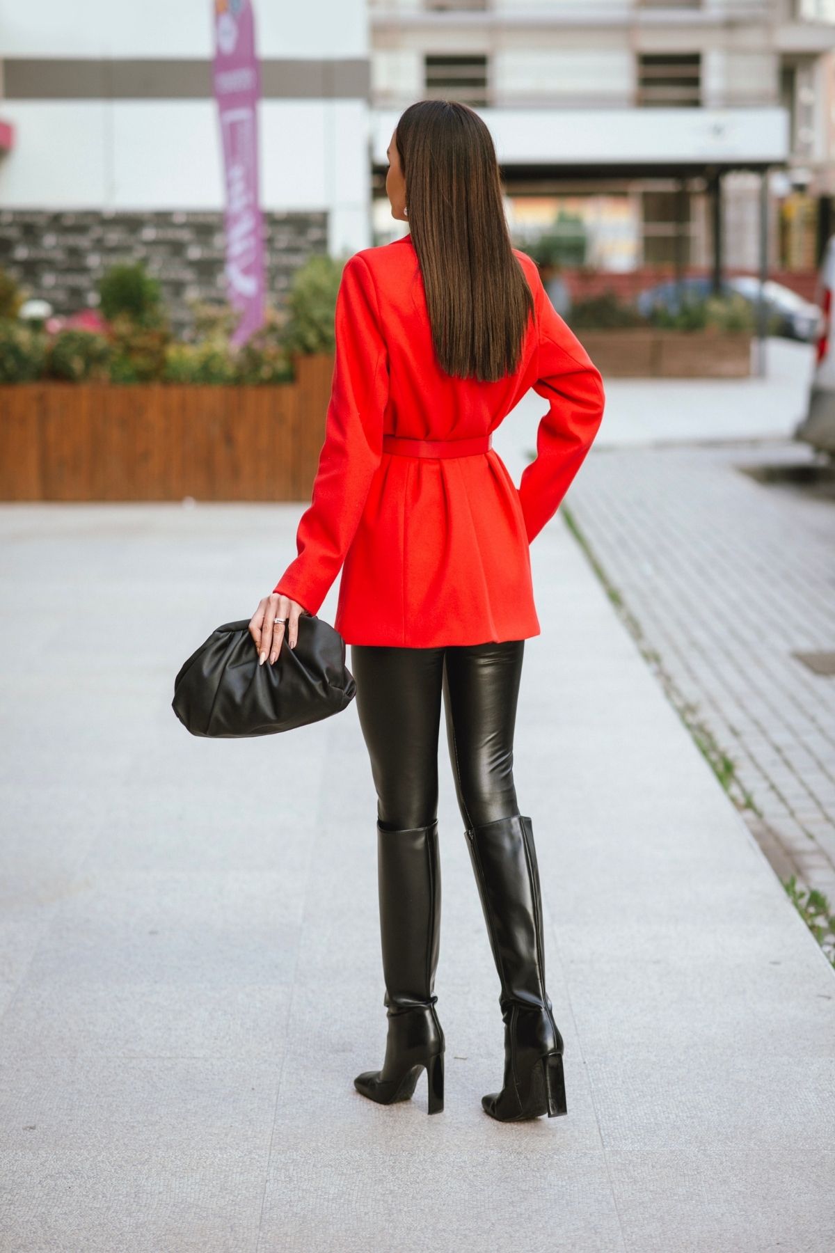 Kırmızı Kaşe Kumaş Kemer Detaylı Blazer Ceket