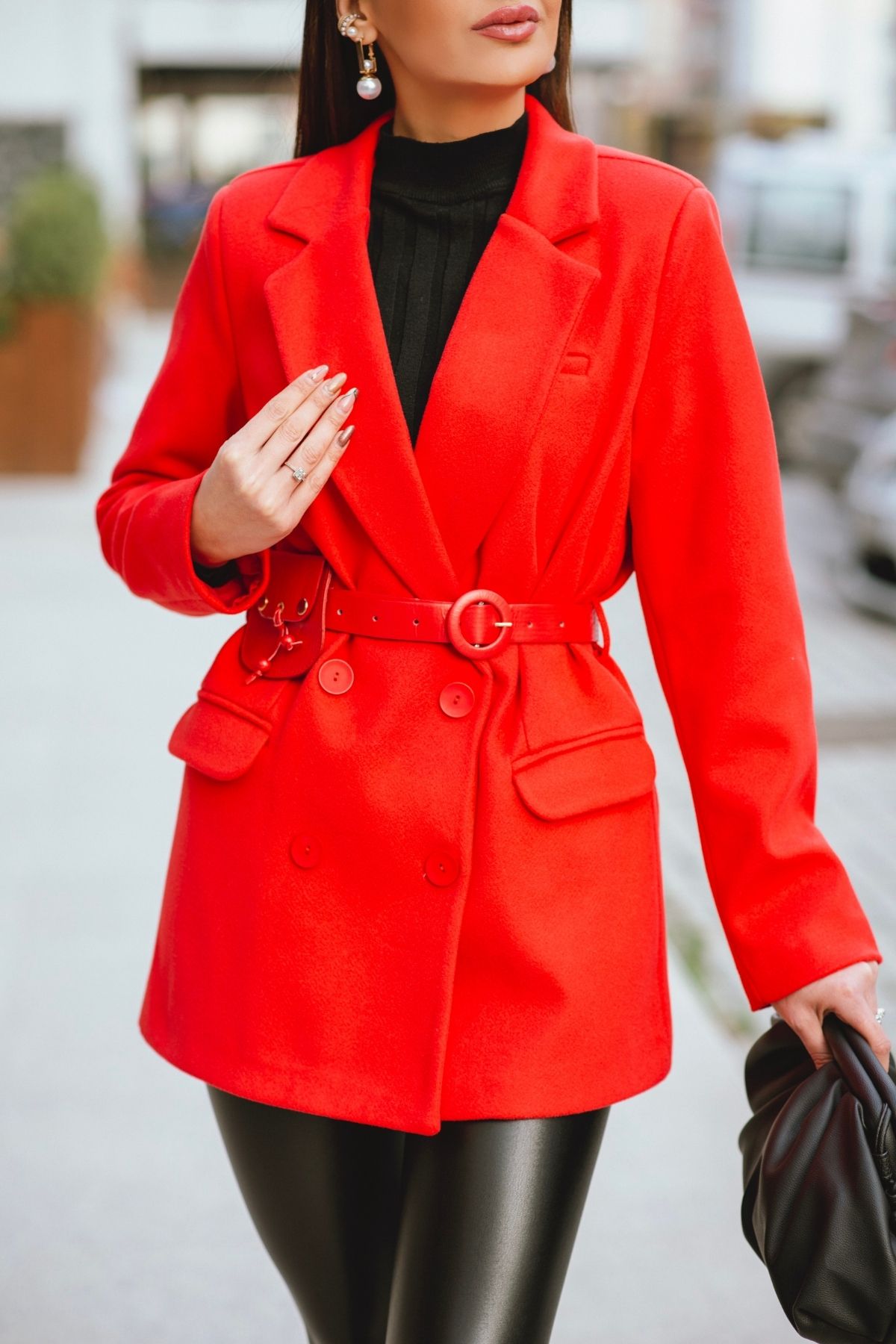 Kırmızı Kaşe Kumaş Kemer Detaylı Blazer Ceket