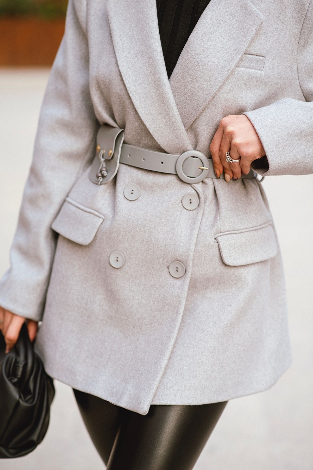 Gri Kaşe Kumaş Kemer Detaylı Blazer Ceket