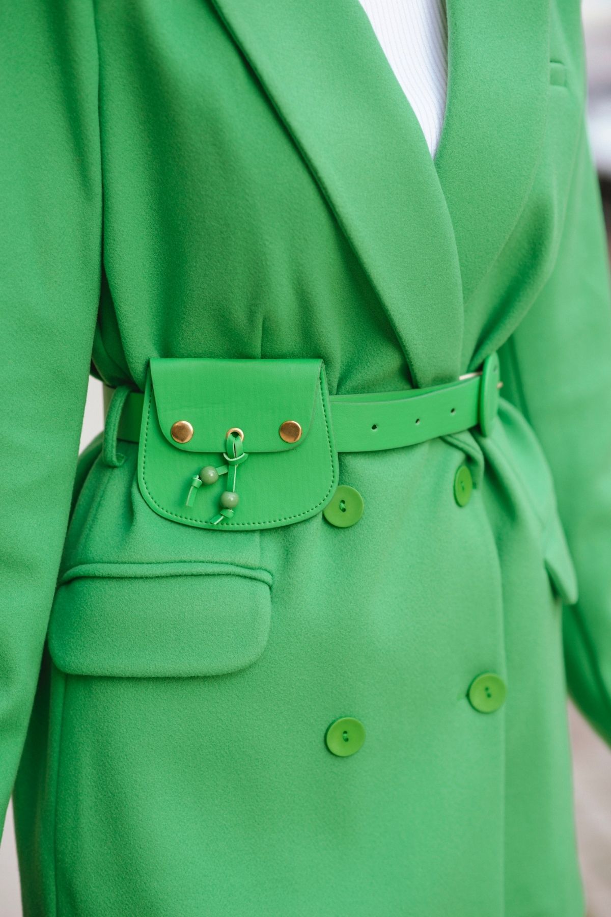 Yeşil Kaşe Kumaş Kemer Detaylı Blazer Ceket