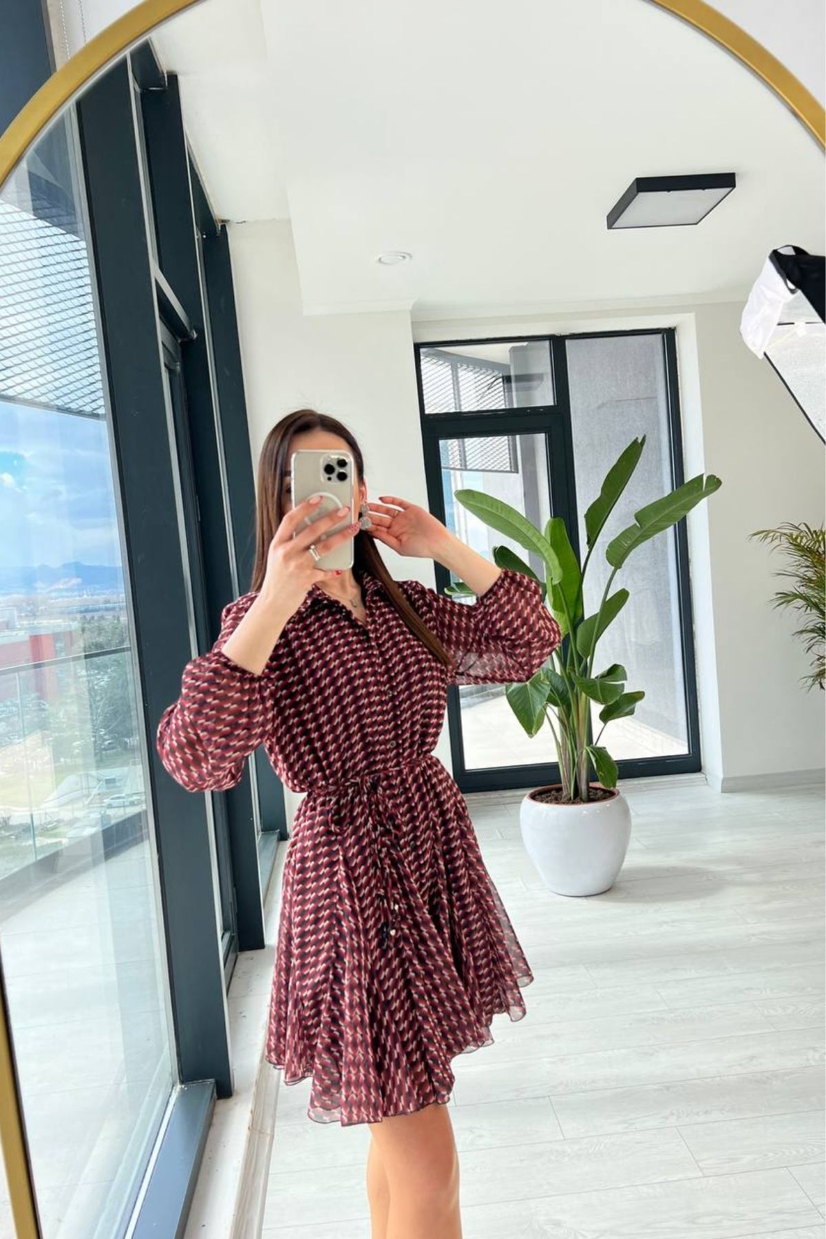Za.ra Model Kiremit Rengi Desenli Şifon Elbise
