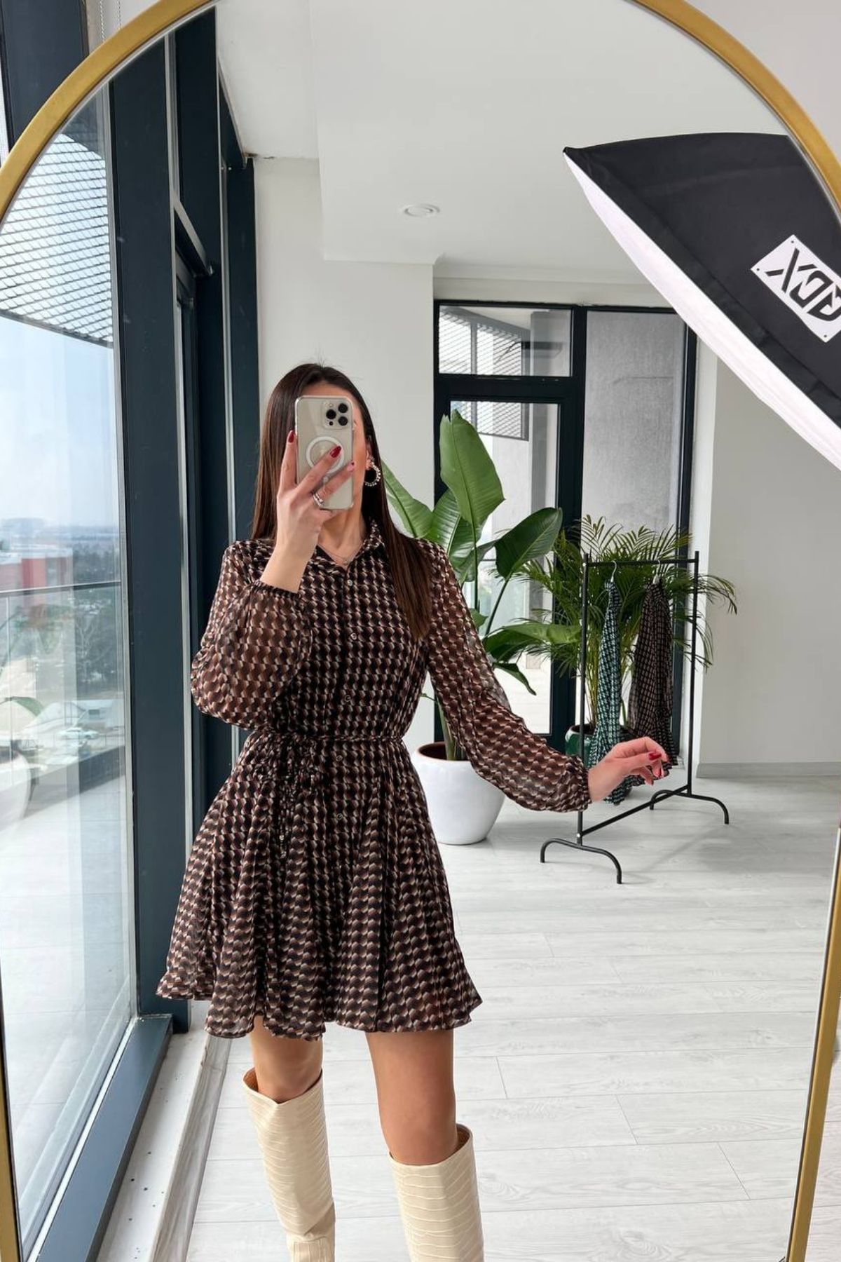 Za.ra Model Kahverengi Desenli Şifon Elbise