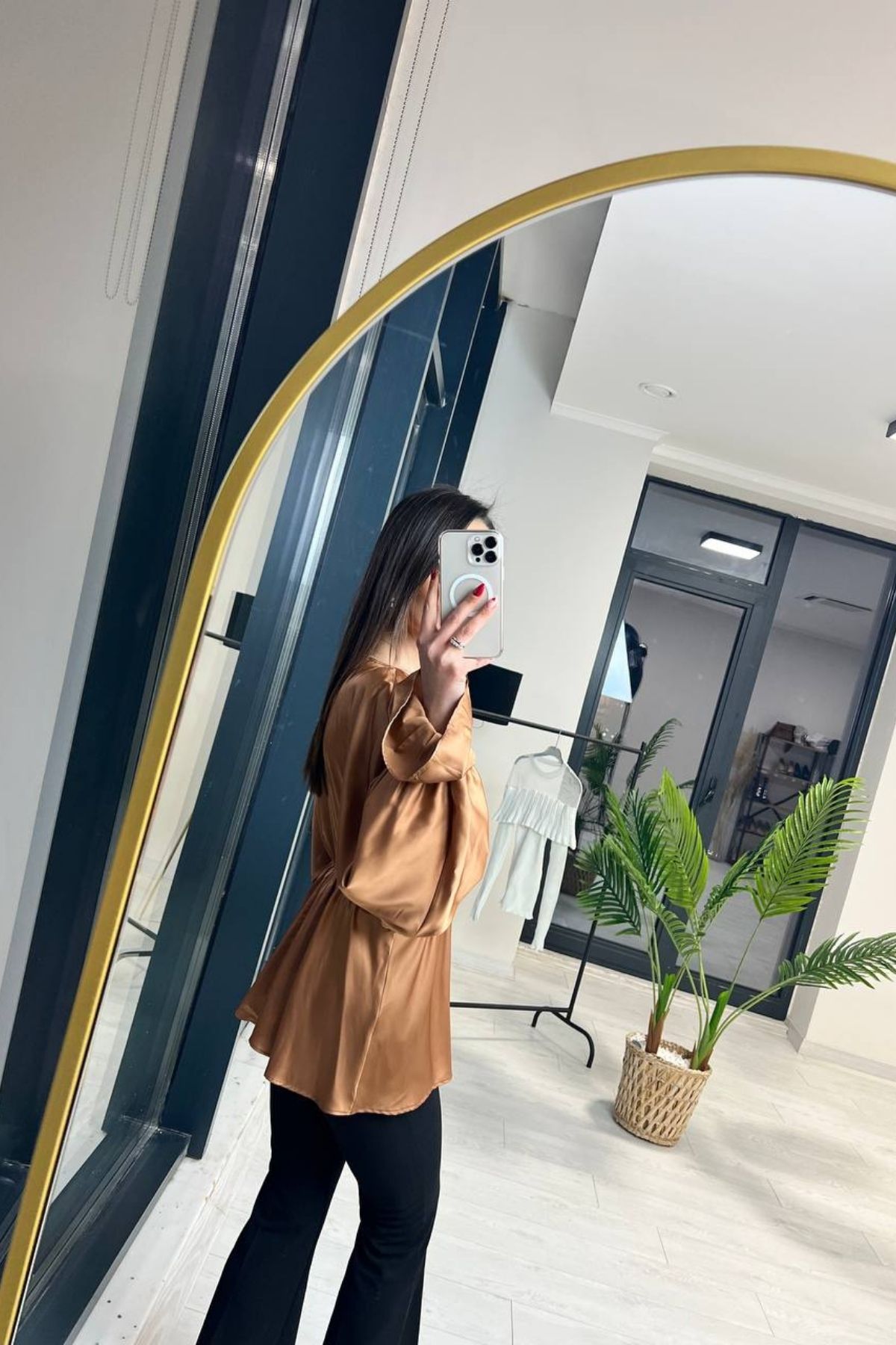 Camel İpek Saten Yarasa Kol Bluz