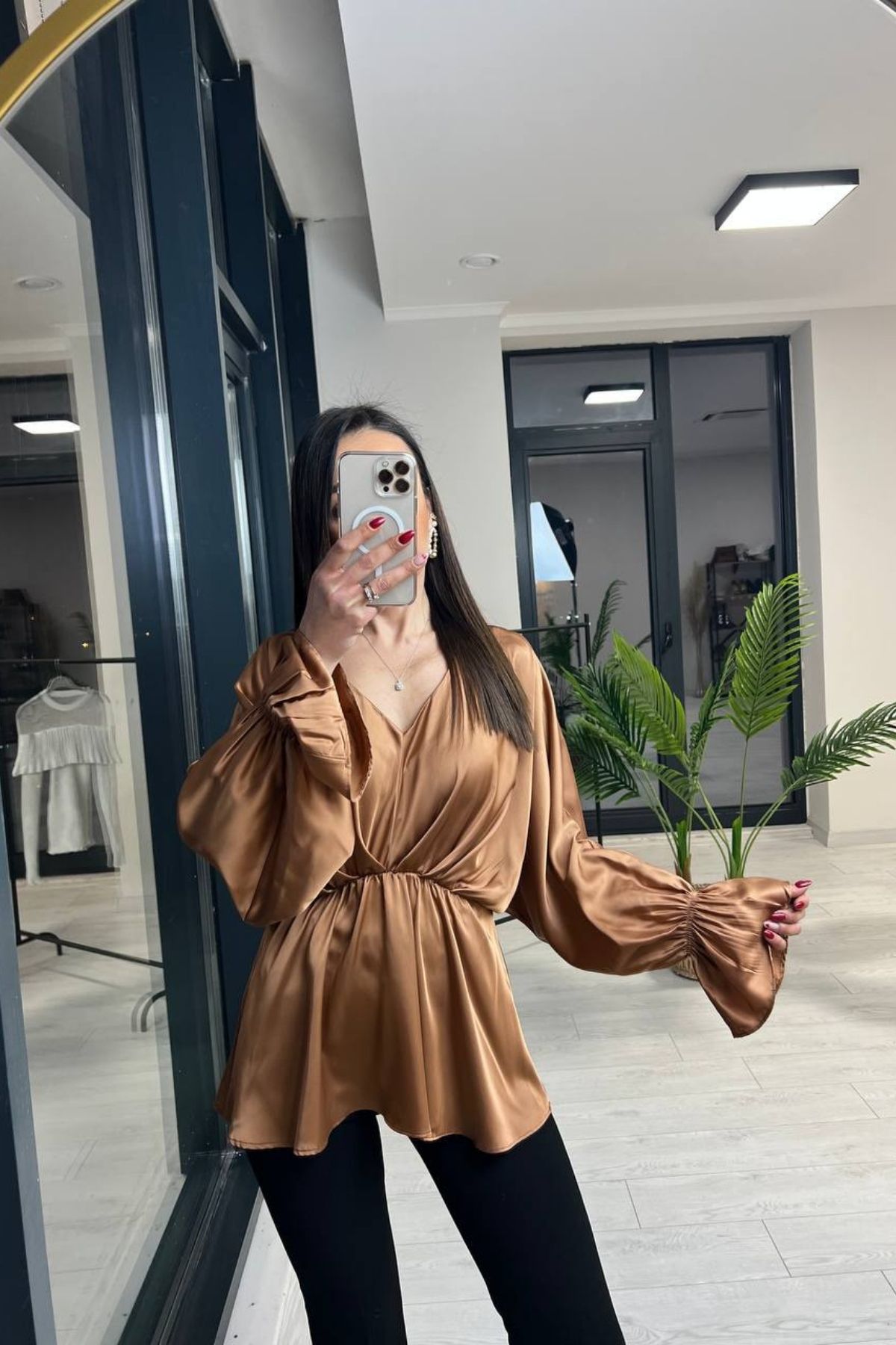 Camel İpek Saten Yarasa Kol Bluz