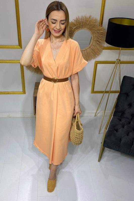 Orange%20Gabardin%20Kemerli%20Elbise
