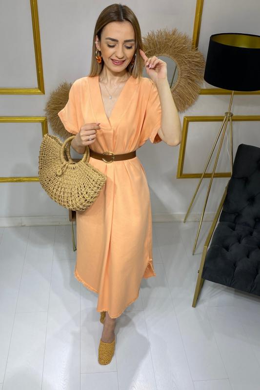 Orange%20Gabardin%20Kemerli%20Elbise